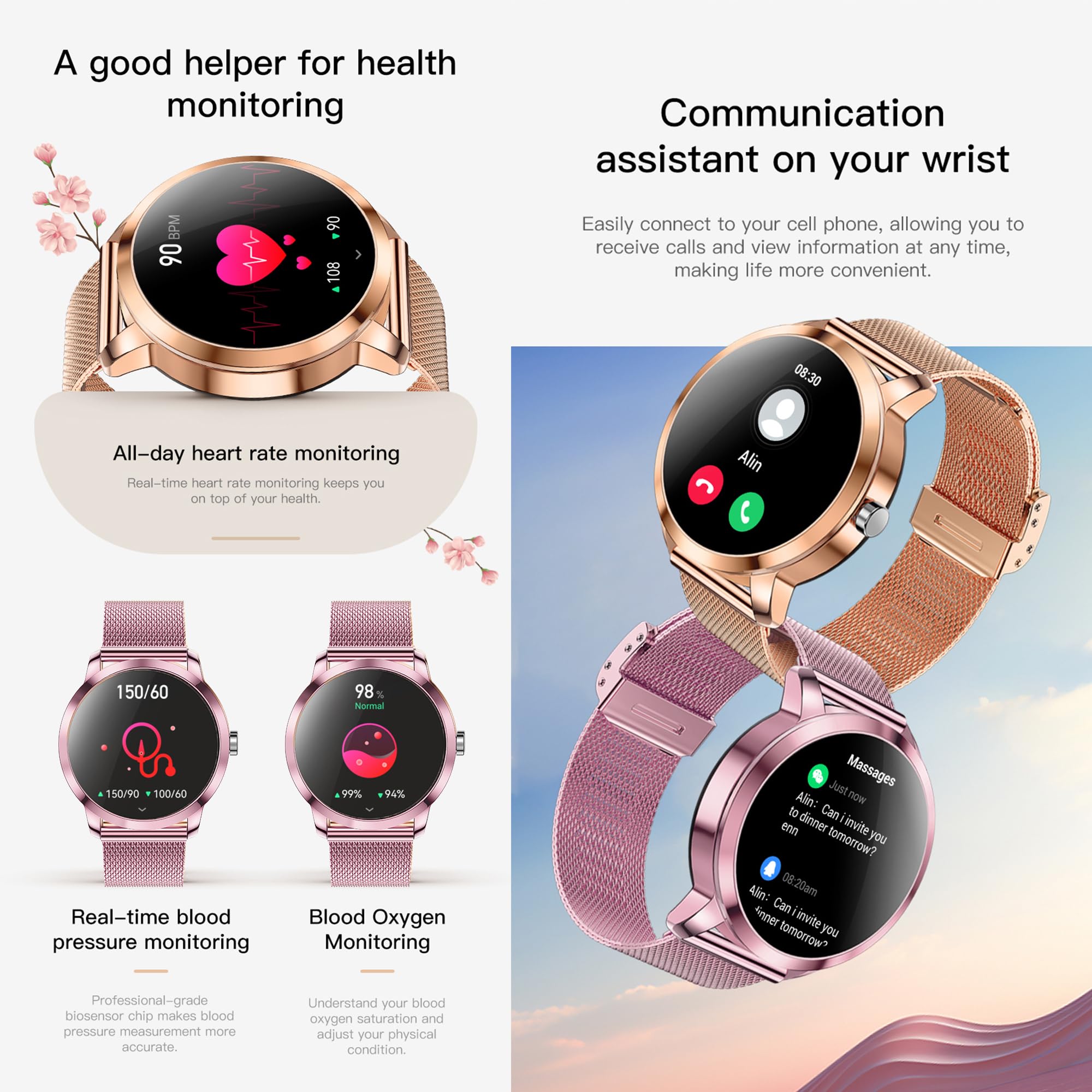 ZPIMY Reloj Inteligente Mujer con Llamada y Whatsapp, 1,09" IP68 Impermeable Reloj Smartwatch 123 Deportivo Mujer con Monitor Sueño, Oxígeno Sanguíneo, Podómetro, Pulsómetro Android iOS (Rosa)