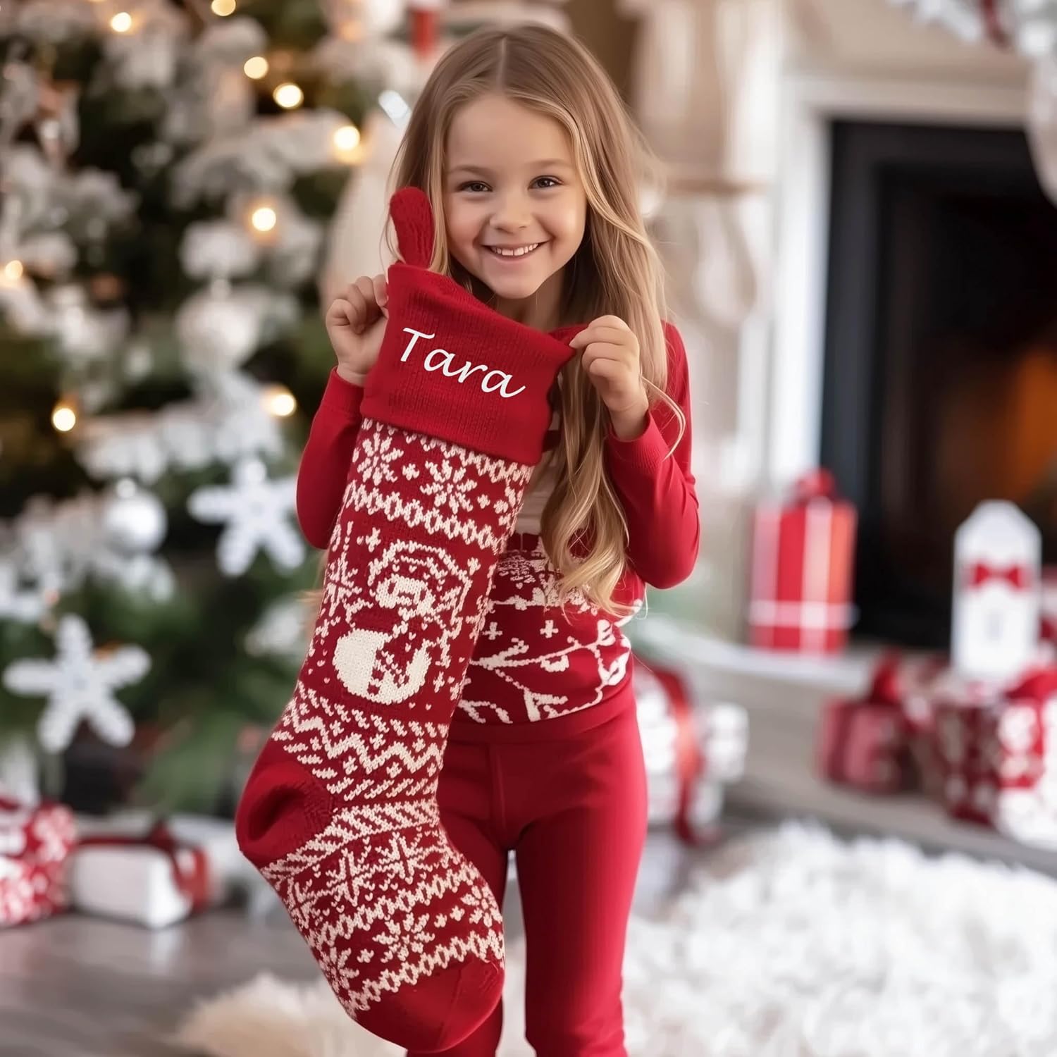Personalized 28 inch Large Knitted Christmas Stockings – Intarsia Fair Isle Design with Nordic Patterns, Perfect for Family Holiday Decor - Red White and Red White Grey Patterns to Choose from