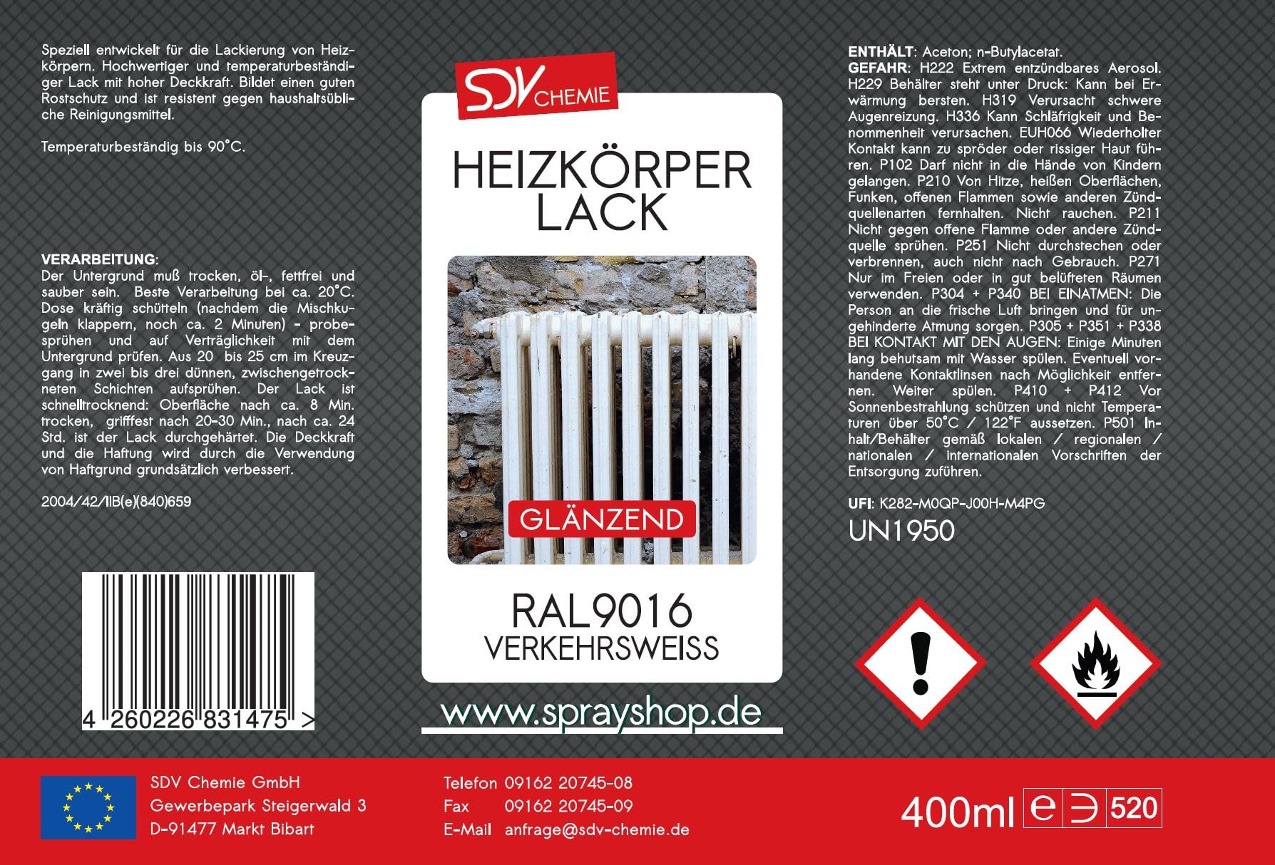 SDV Chemie Heizkörperlack Spray verkehrsweiss glänzend 6x 400ml RAL 9016 | Radiator