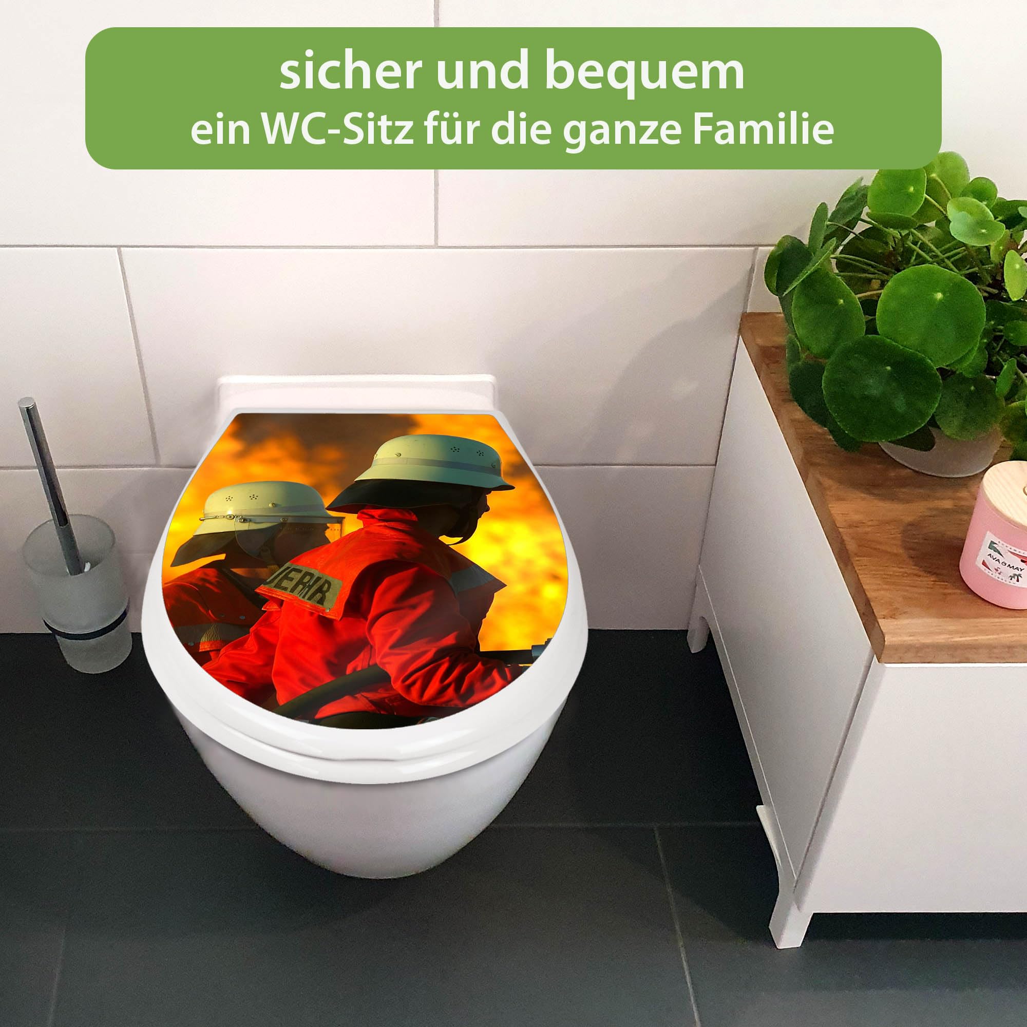 banjado Familien WC Sitz mit Absenkautomatik 44,9x37,1cm - Klobrille mit Kindersitz aus hochwertigem Polypropylen - Toilettendeckel mit Kinder Toilettensitz integriert - Motiv Feuer