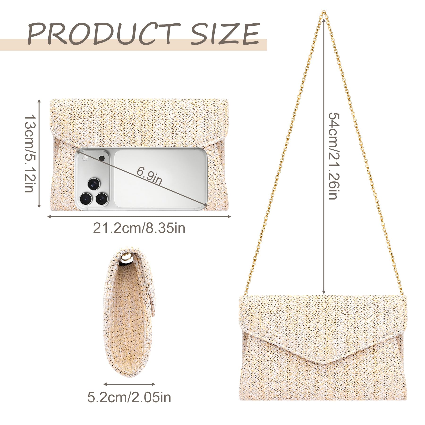 Pochettes et Clutches Femme en Paille, Enveloppe Sac Paille de Plage à Bohèmes Tissé, Petit Pochette Mariage Femme avce Chaîne, Élégante Sac à Main Bandoulière Ete pour Ceremonie Vacances Prom