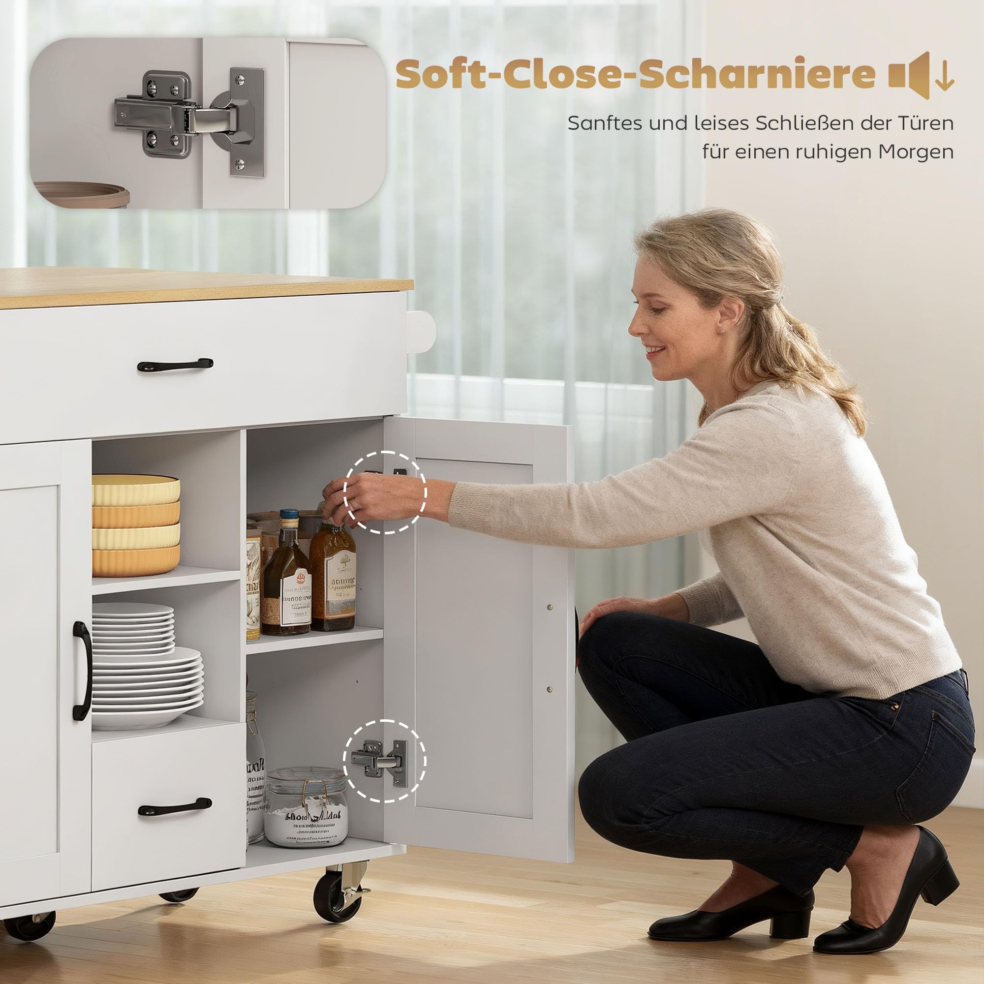 HOMCOM Kücheninsel Küchenwagen auf Rollen mit 2 Schubladen, 2 Soft-Close-Türe, ausklappbare Arbeitsfläche, Servierwagen mit Gewürzregal, Handtuchhalter, verstellbaren Regalen 115x40(70) x89 cm Weiß