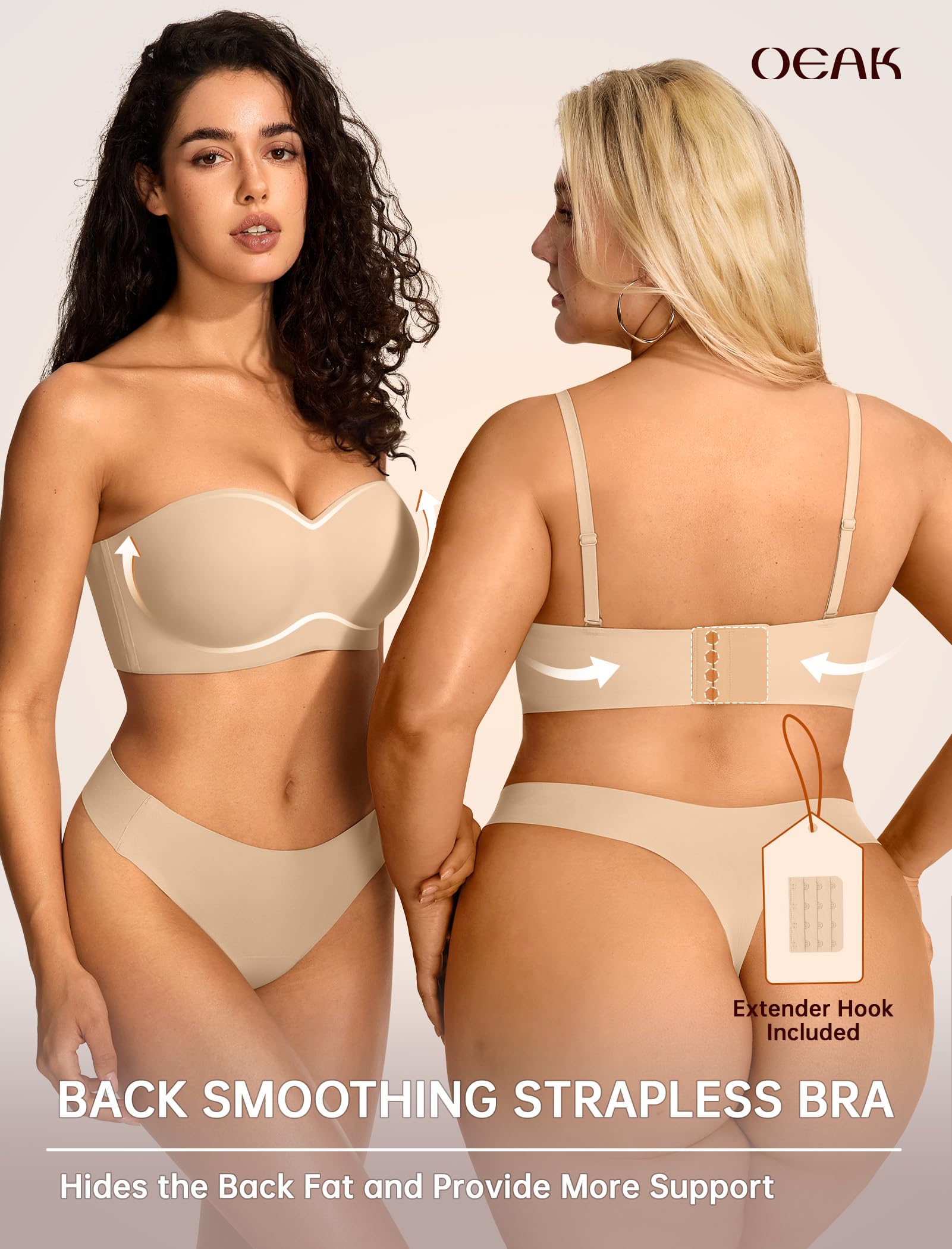 OEAK Reggiseni da donna senza spalline con ferretto multiway antiscivolo a tubo top push up bralette senza cuciture imbottito reggiseno a fascia, Nude, (44) C