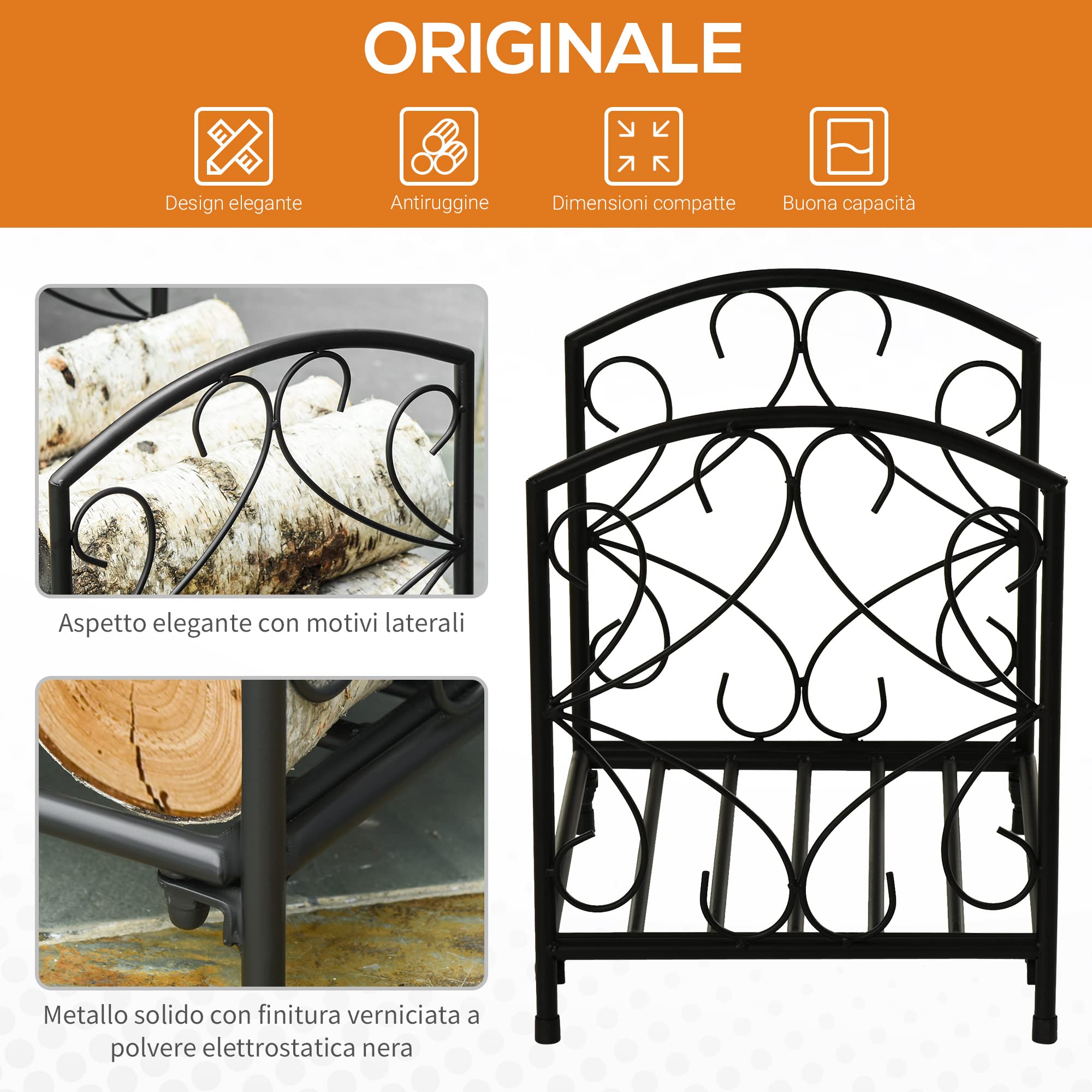 Outsunny Portalegna per Camino da Interno ed Esterno in Metallo con Base Rialzata per 50kg di Legna, 39.5x31.5x39.5cm, Nero