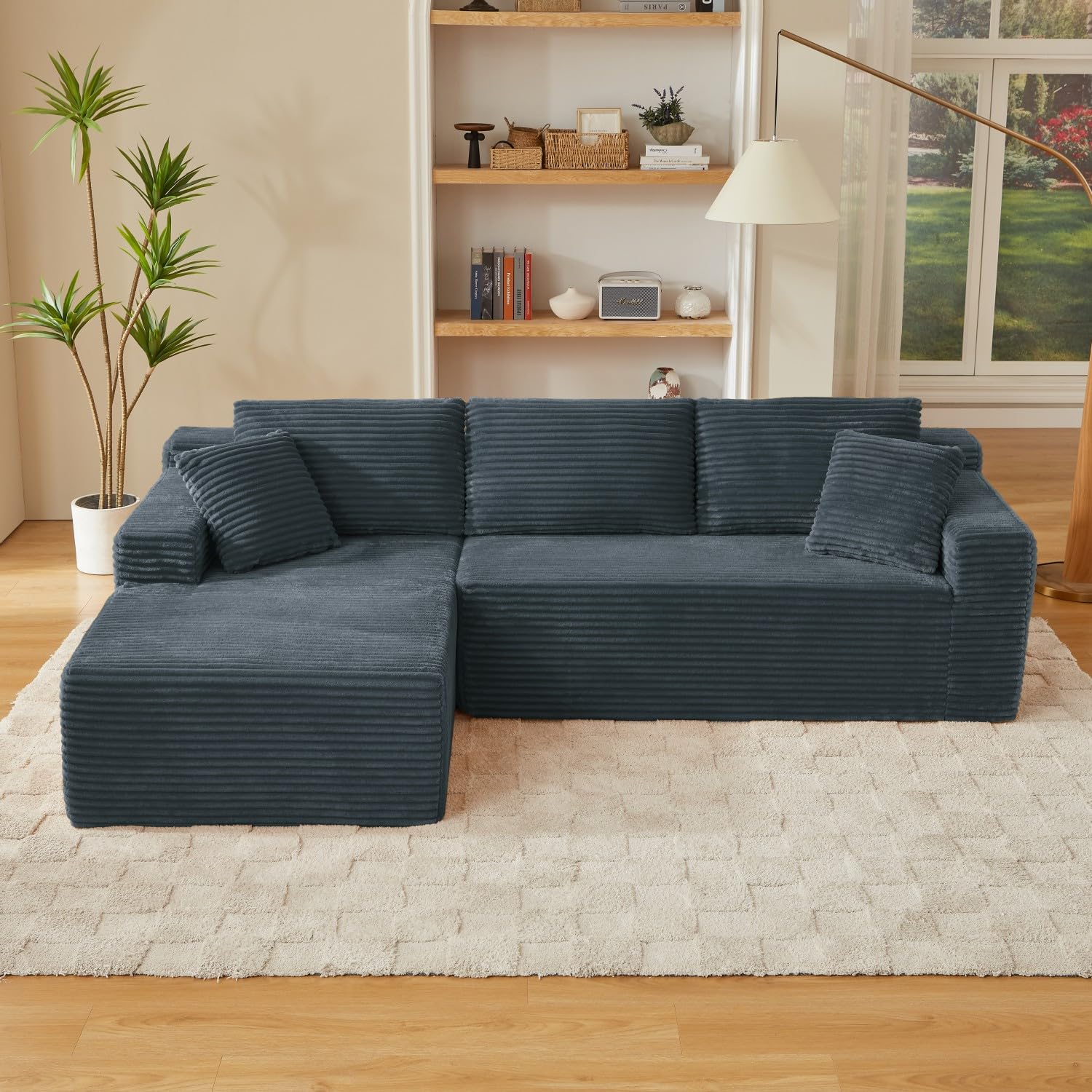 Sofá esquinero en forma de L de 4 plazas, sofá modular de pana con taburete, cómodo sofá de salón con 2-6 almohadas, ahorra espacio para salón y apartamentos, 256 x 134 cm (gris-izquierda)