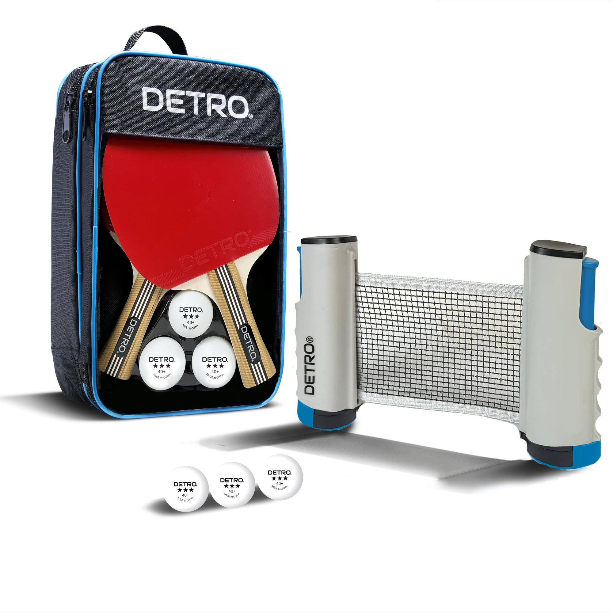 Ping Pong Paddle Set from Detro,Net and Balls Included, Portable Ping Pong Set. 2 Ping Pong Paddles. 6 x 3 Star Ping Pong Balls with Retractable Net and Storage Bag, Portable Table Tennis Kit.