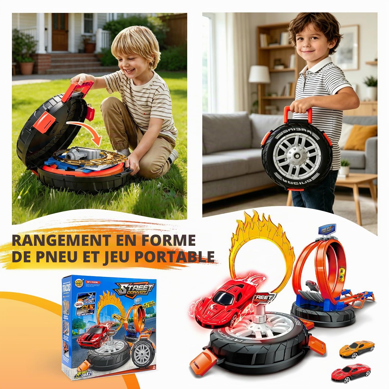 Circuit De Course pour Enfants Comprend 6 Petites Voitures, 2 Rampes Et 1 Boîte De Rangement pour Les Pneus. Convient Aux Filles Et Aux Garçons De 3 À 6 Ans