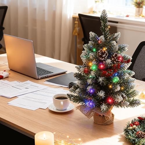 Miniatura 6 de Joyhalo Árbol de Navidad pequeño de 2 pies con luces multicolor y blanco cálido, árbol de Navidad flocado preiluminado para mesa, 80 ramas, árbol de