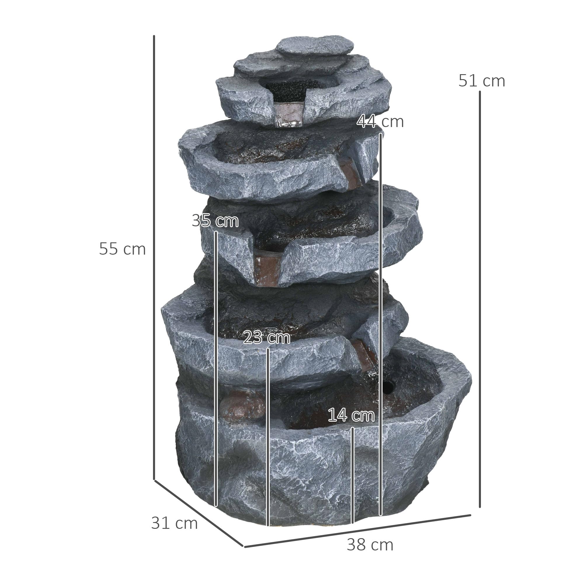 Outsunny Fontaine de Jardin à énergie Solaire Roche en Cascade à 5 Niveaux en résine avec lumières LED et Pompe dim. 38L x 31l x 55H cm Gris