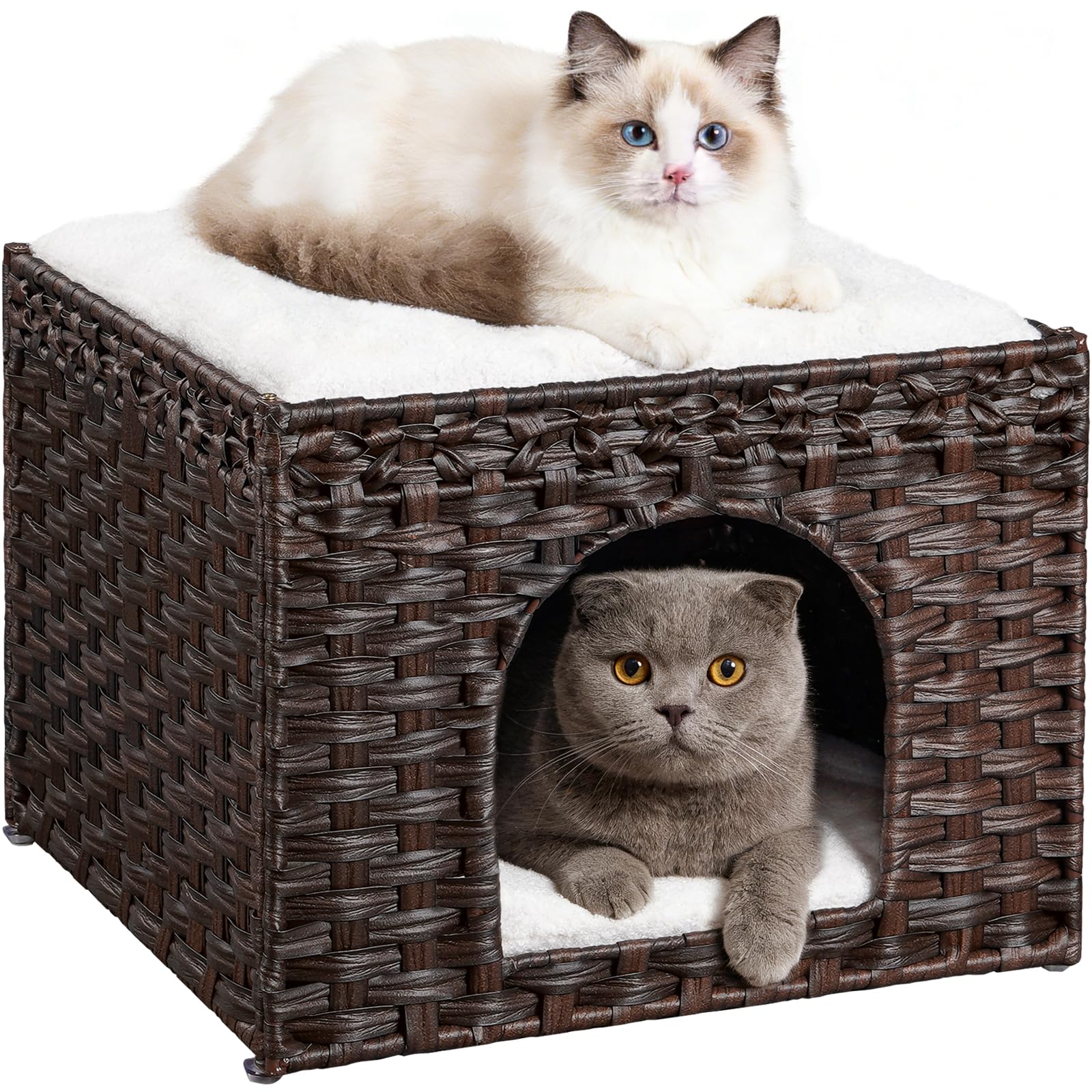 Snughome Handgewebtes Rattan-Katzenbett - Indoor Faltbare Katzenhöhle mit 2 abnehmbaren Bettmatten Großes Kätzchenhaus Versteck Haustierwürfel 16,54 x 16,54 x 12,6 Zoll Braun für Wohnzimmer