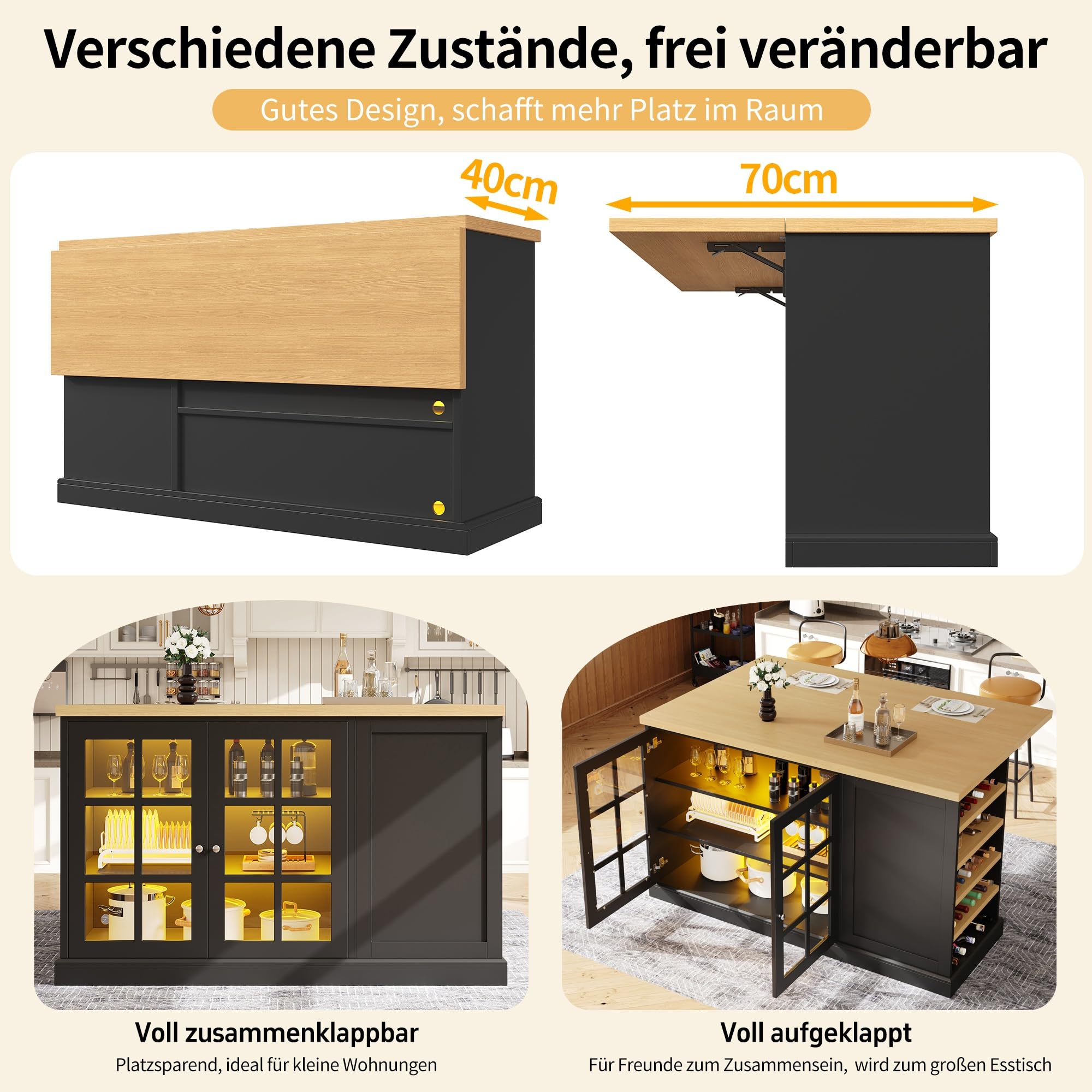 Klappbarer Bartisch Kücheninsel mit Smart LED Farblicht, Schräges Weinregal & Aufbewahrungsschublade, Platzsparend für kleine Wohnungen, USB-Betrieb