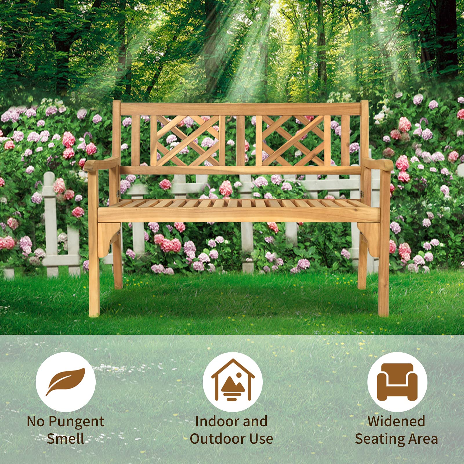 GIANTEX Panchina da Giardino in Legno di Acacia, Panca Pieghevole 2 Posti, con Schienale e Braccioli, Panchina Rustica, Naturale