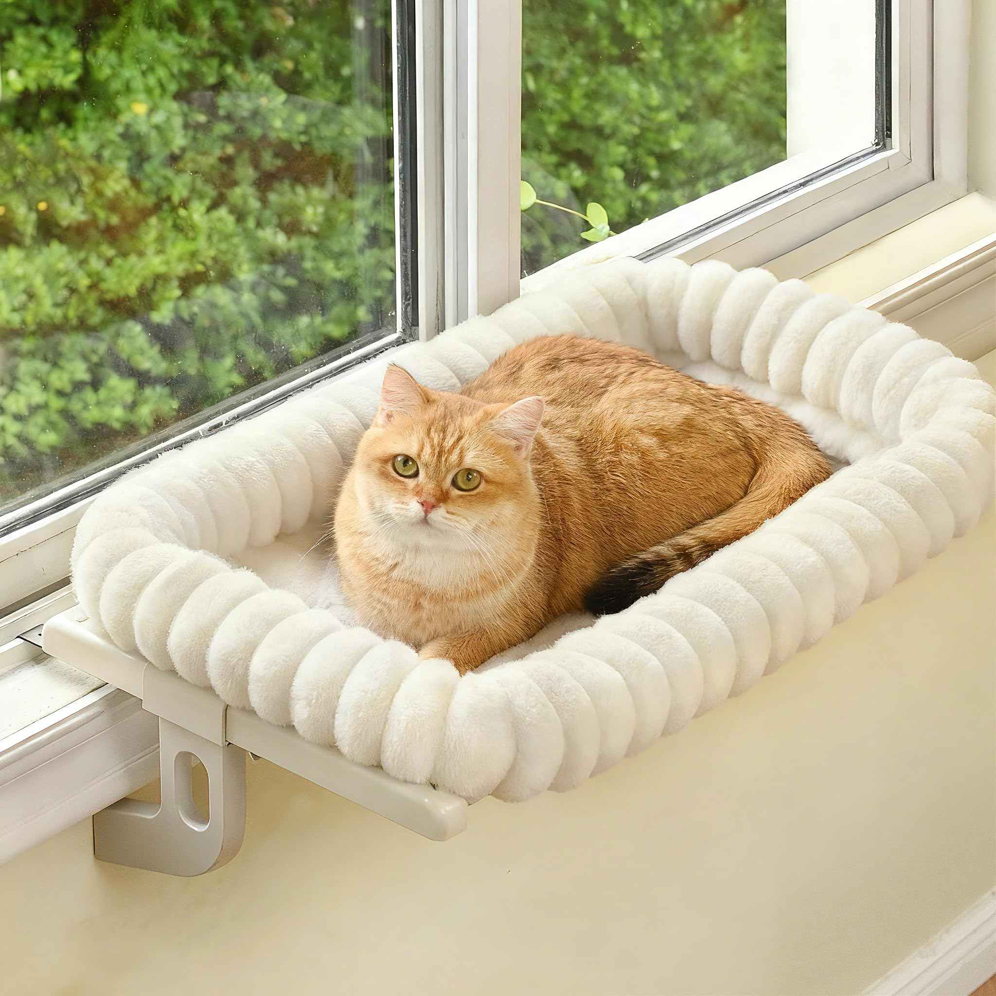 Zoratoo Cloud-Cuddle Cat Window Perch with 4-Sided Bolster, Zipper Design Cushion Window Seat for Window Sill, Sturdy Metal Frame &amp; Easy Assembly Pet Hammock Bed for Indoor Cats (White, Medium)