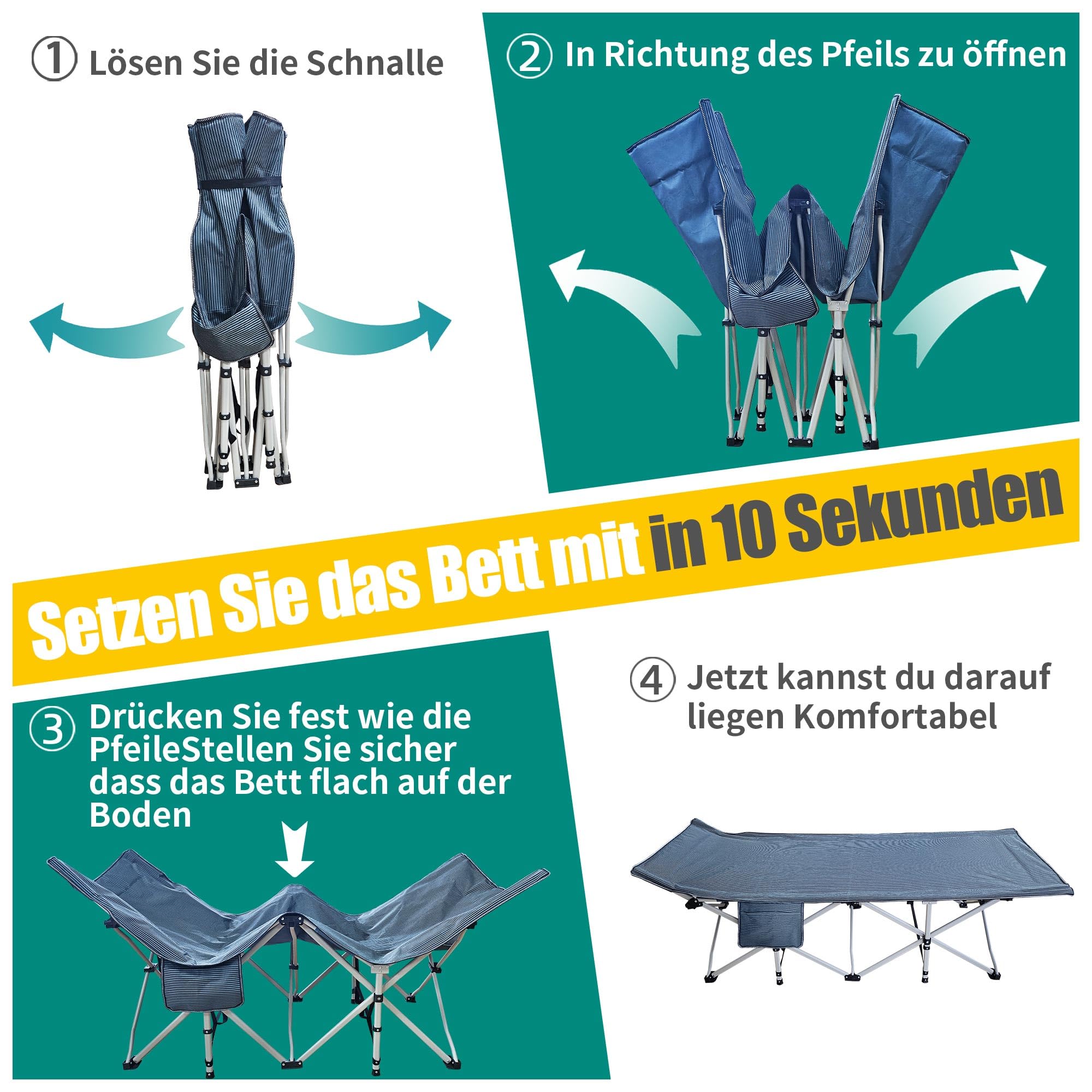 Feldbett Klappbar XXL, Extra Breit 81cm, mit Matratze, für Erwachsene, Campingbett Tragfähigkeit 400KG Gästebett Klappbett, mit Seitentasche, tragbares Campingliege, Outdoor, Reisen, Garten, Indoor