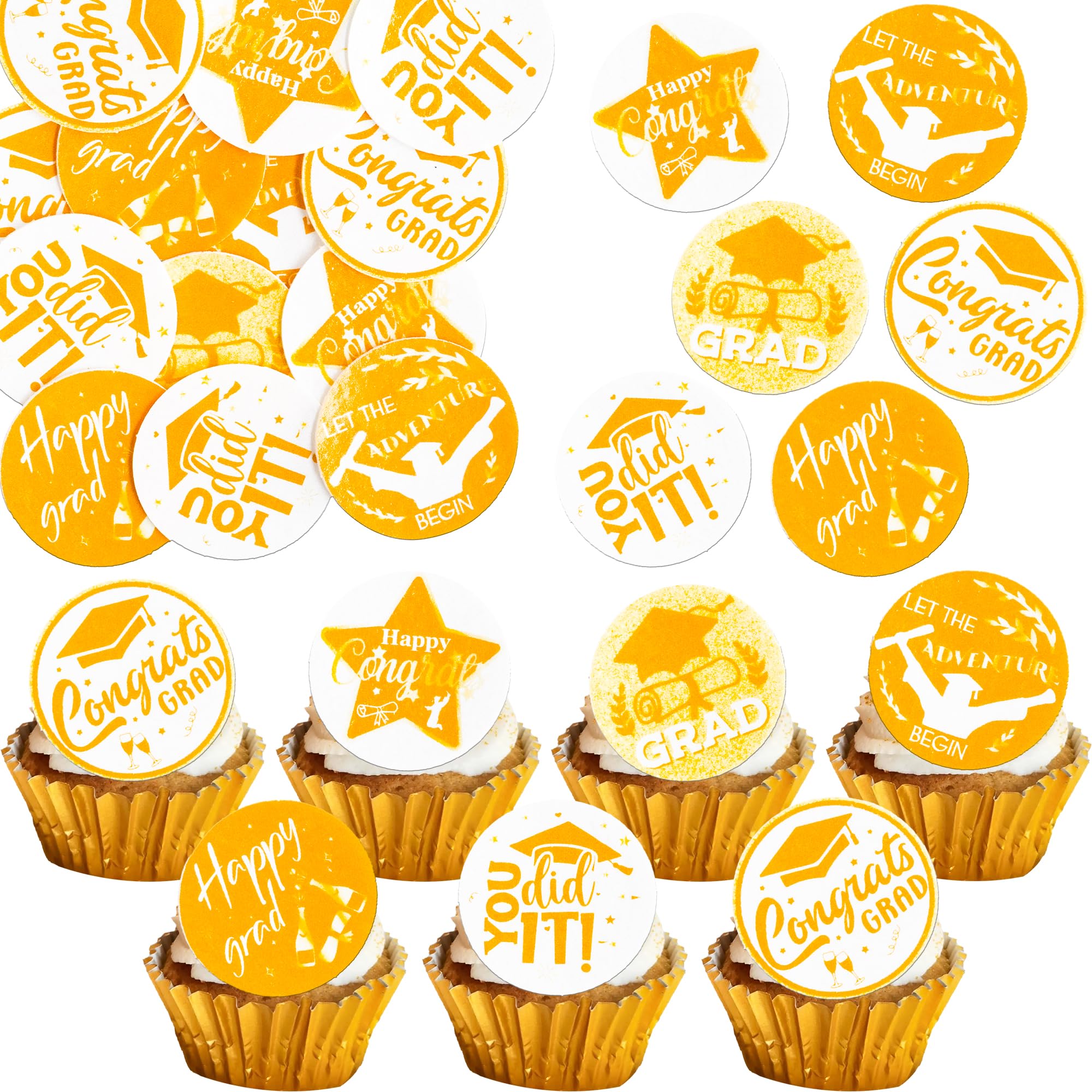Gyufise 48Pcs 2026 Graduation Cupcake Toppers Wafer Paper Class of 2026 Cake Decorations Edible Congrats Grad Cupcake Picks for 2026 Graduation Theme Party Cake Supplies Gold Orange — image 1