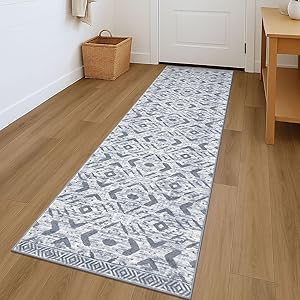 KILOCOCO Kitchen Runner Rug Hallway Runner Rug Washable, Soft Runners Rugs Non Slip Printed Distressed Laundry Room Rugs, Low-Pile Runners for Entryway Bedroom Living Room, 2x7 Grey White