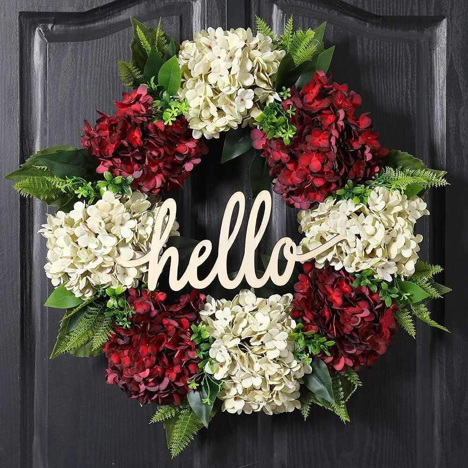 QUNWREATH Wreath for Front Door Winter Wreath Christmas Wreath Red White Hydrangea Wreath 18 Inch Handmade Wreath Hello Wreath Farmhouse Wreath Rustic Wreath