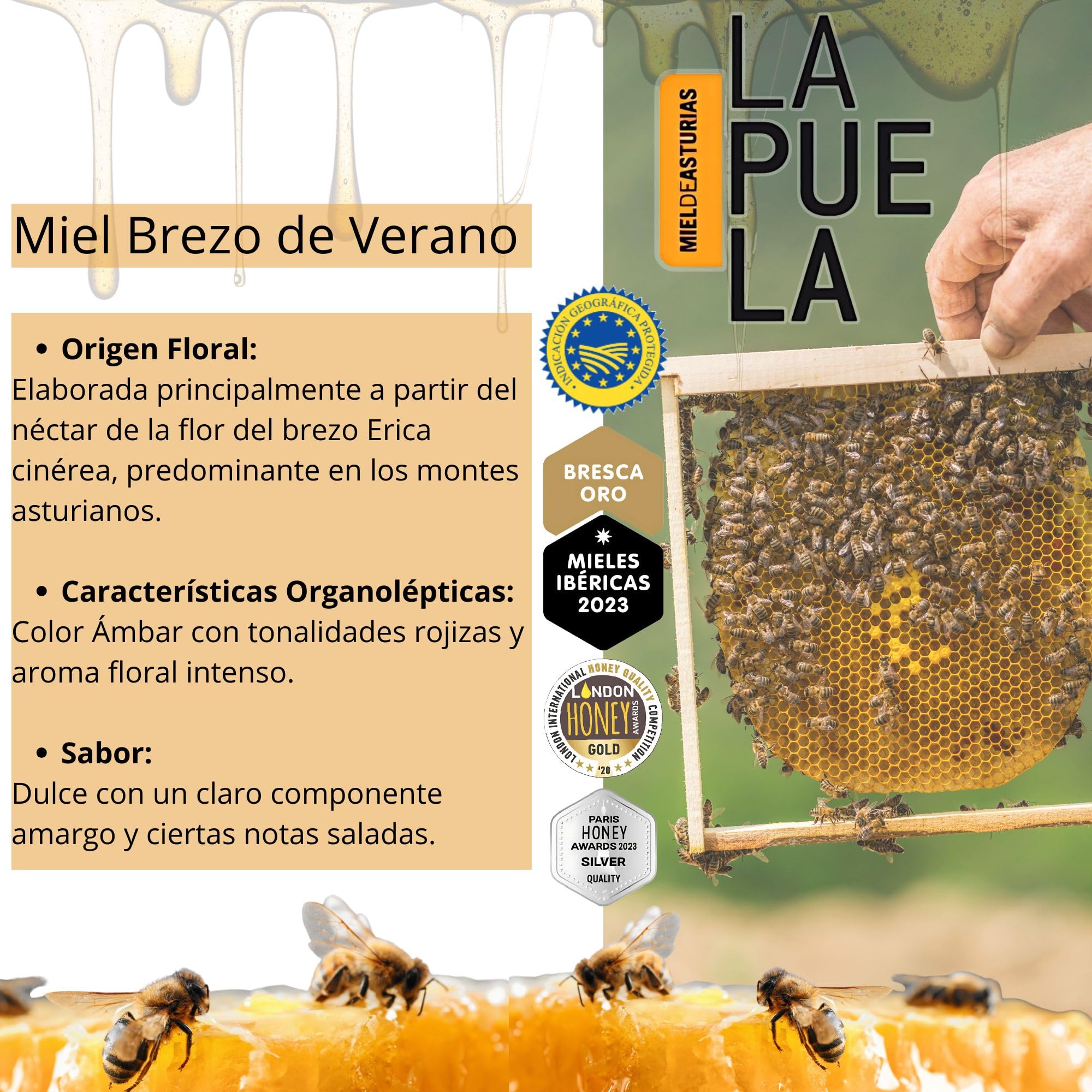 LAPUELA Miel de Brezo Verano 100% Natural Pura de Abeja Aroma Floral Intenso Sabor Dulce Equilibrado Producción Artesanal Asturias