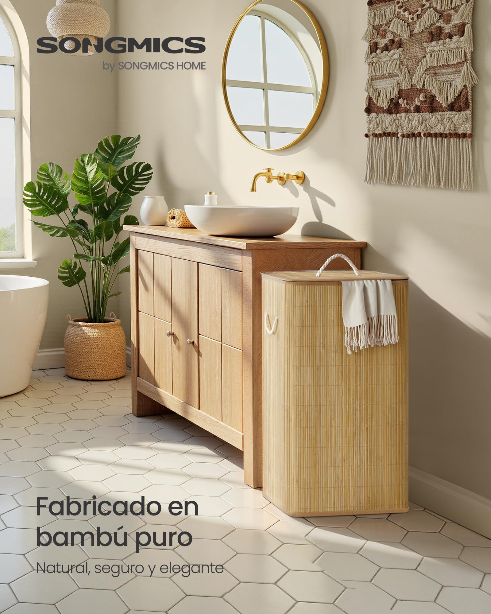 SONGMICS Cesto para la Ropa Sucia con Tapa, 60 L, Bambú, Rectangular, con Asas, Plegable, Forro Extraíble Lavable a Máquina, Natural LCB076YZ01