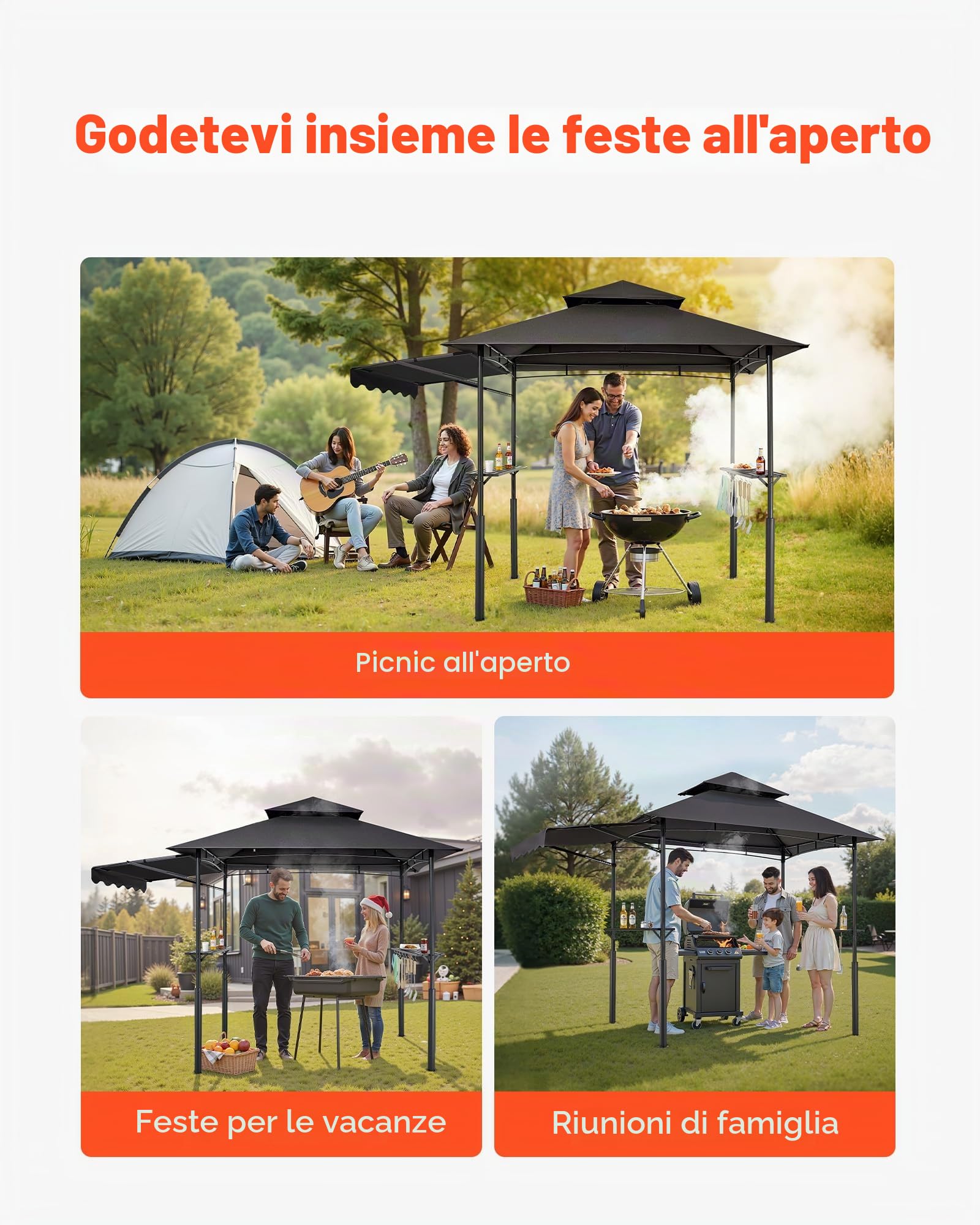 VEVOR Gazebo per Barbecue 243 x 150 cm, Gazebo per Barbecue da Esterno con Tetto Tettoia Parasole, Copertura per Barbecue da Giardino in Acciaio Verniciato a Polvere, per Grigliate, Feste, Picnic