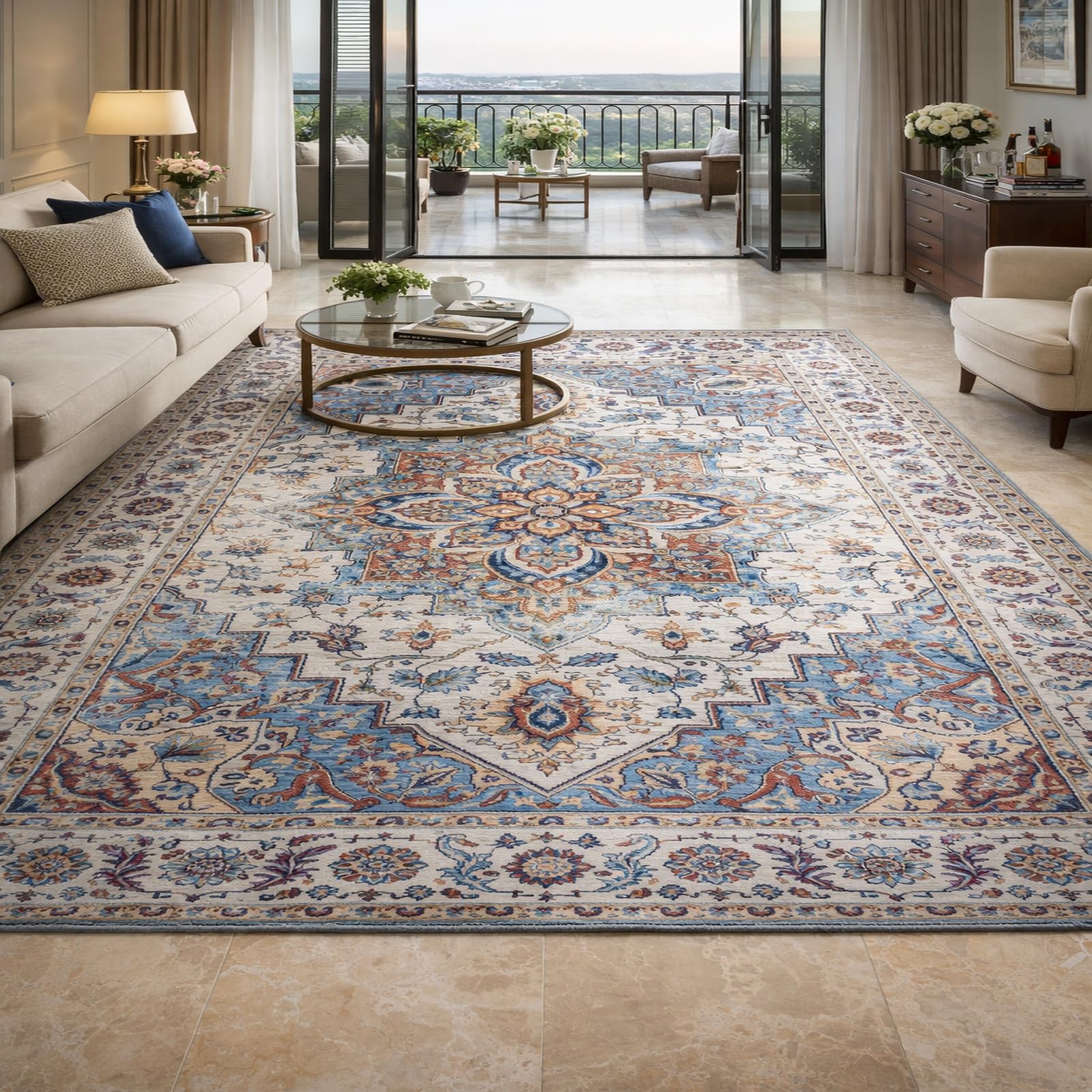 Alfombra de pelo corto azul de 180 x 250 cm para sala de estar con diseño floral