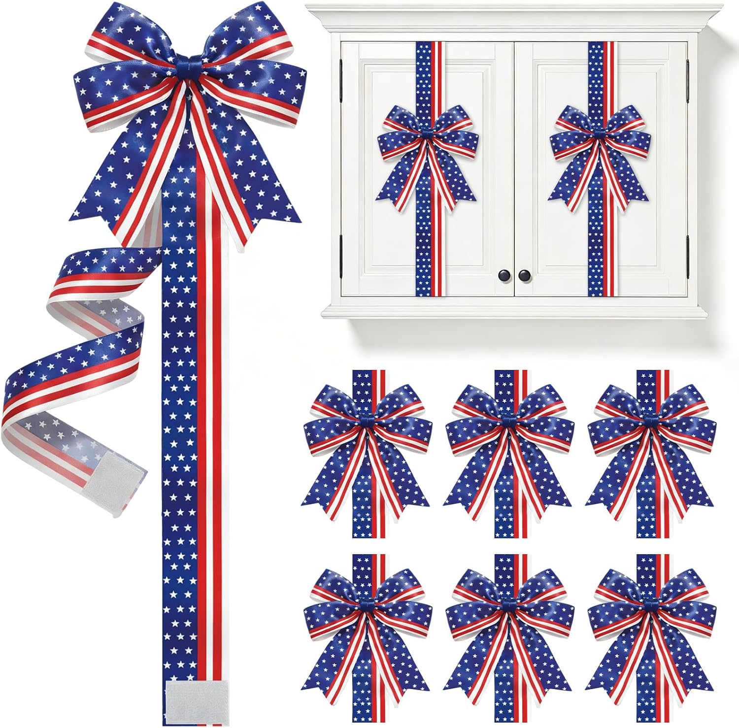 AnyDesign 6Pcs Patriotic Cabinet Bows 4th of July Kitchen Window Decor American Flag Star Striped Ribbon Bow with Hook & Loop Closure for 250th Anniversary Independence Day Memorial Day Party Supplies