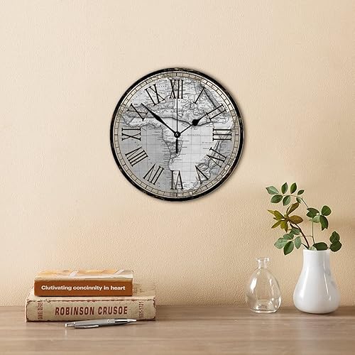 Miniatura 4 de Reloj de pared de madera de 15 pulgadas, ligero, ligero, estilo vintage, mapa del viejo mundo, reloj de madera redondo estilo Shabby Chic estético,