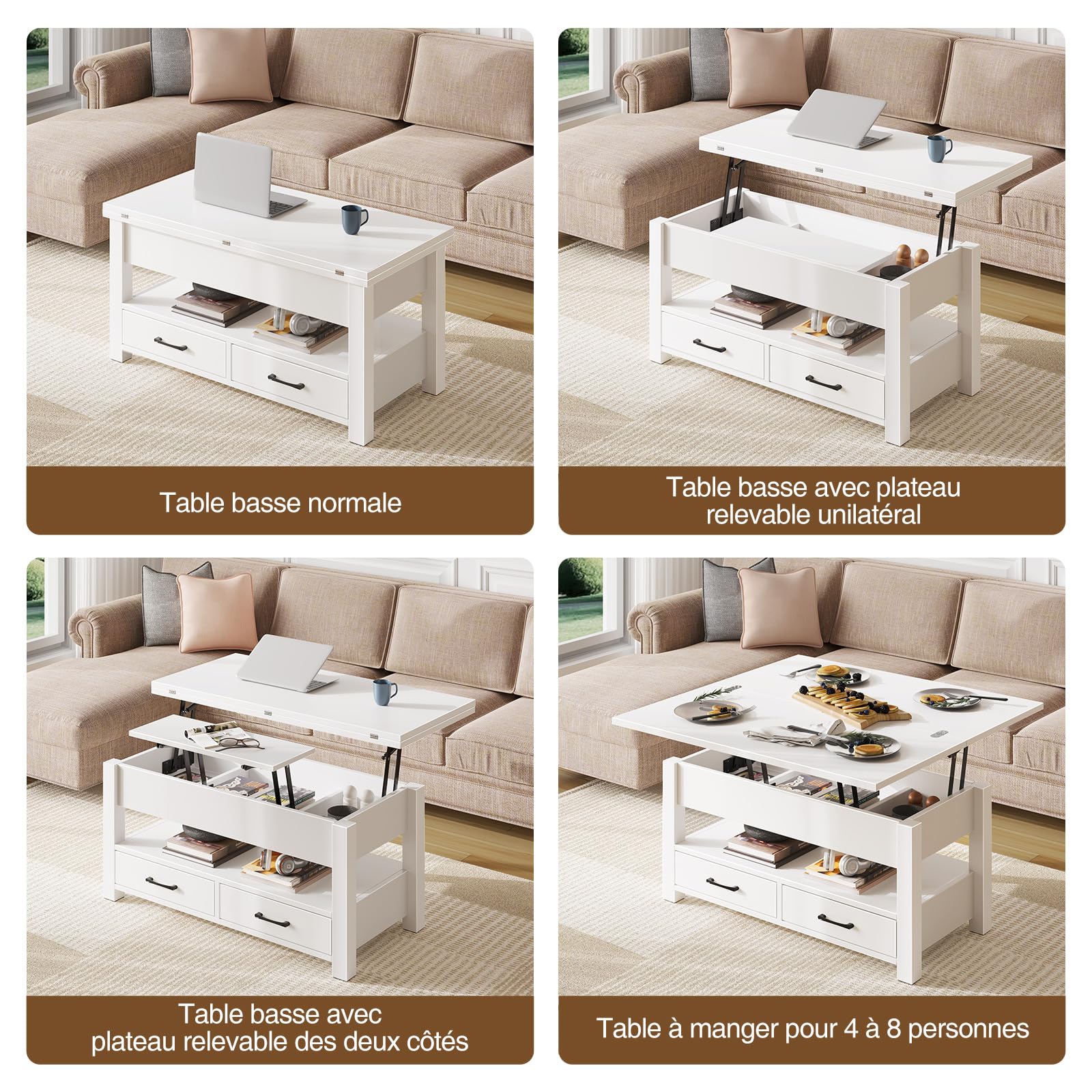 Rolanstar Table Basse Relevable et Extensible en Bois – avec Tiroir, Rangement Caché et Compartiment Ouvert – Convertible en Table à Manger – Idéale pour Petits Espaces – Blanc