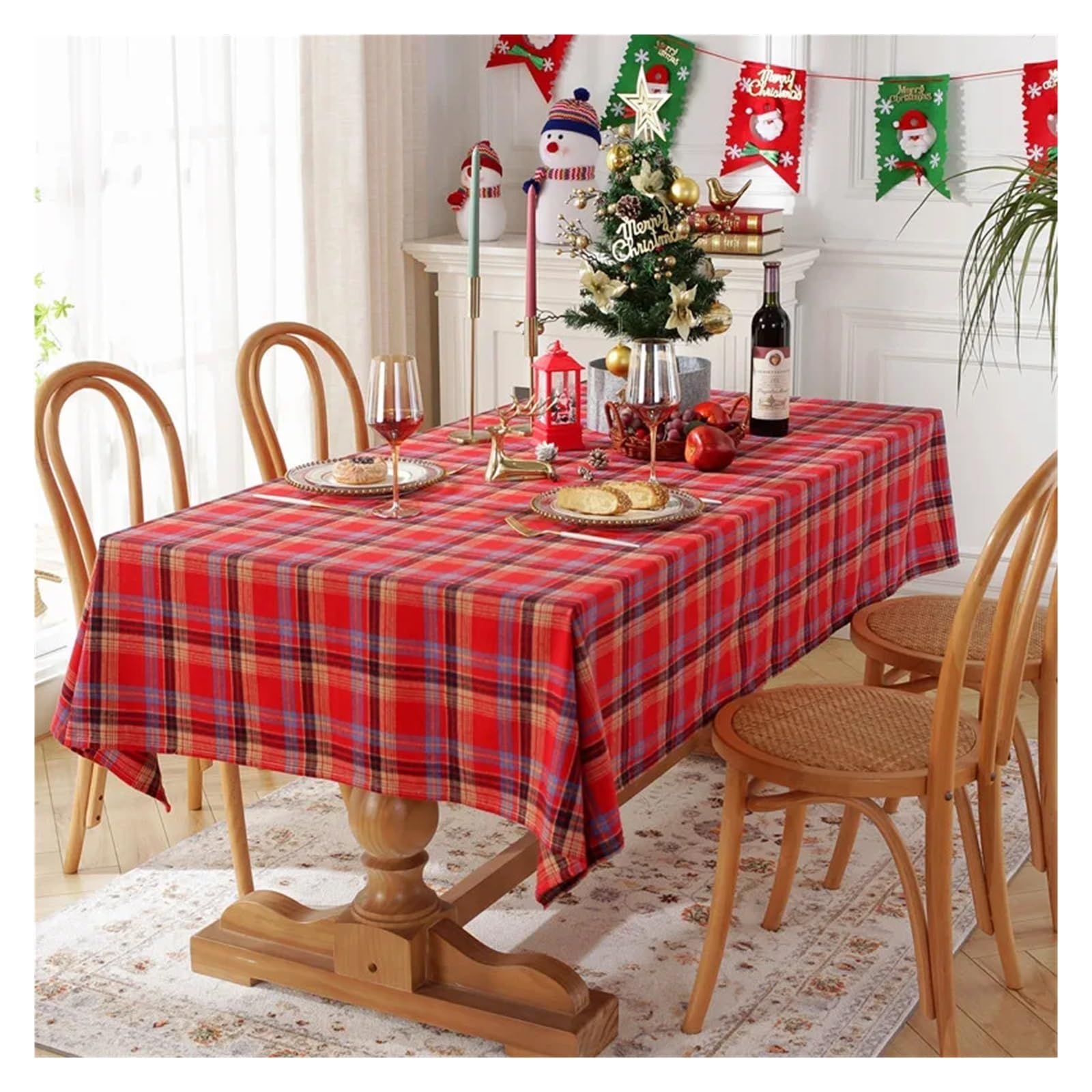 Tischdecke Weihnachten Weihnachtsdekoration, Karierte Tischdecke, Farbe gewebt, Polyester, Baumwolle, Rot, Grün, for Zuhause, Party, Esszimmer, Dekoration(Red,140x300)