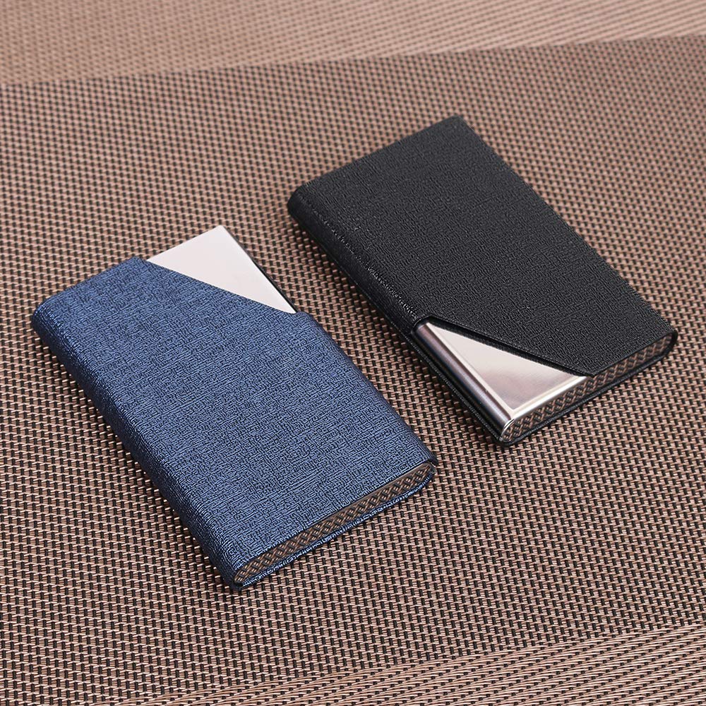 homEdge - Porta biglietti da visita, sottile, professionale, confezione da 2, in pelle di poliuretano e alloggiamento per biglietti da visita in acciaio inox, per viaggi e affari, nero e blu