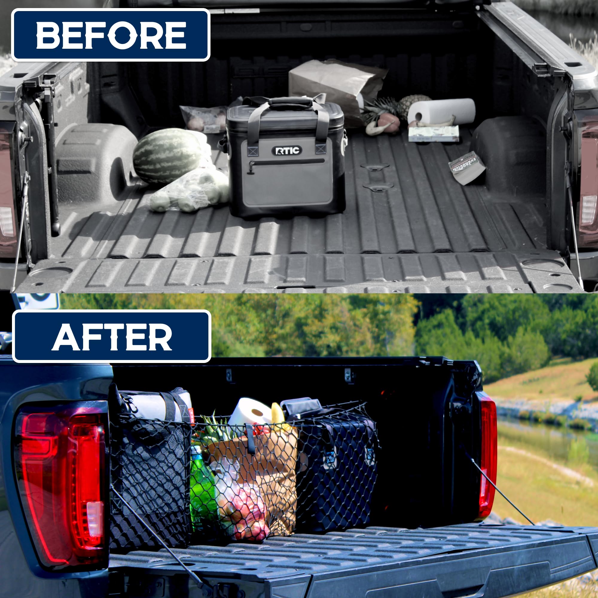 Three Pocket Cargo Net for 2005-2024 Toyota Tacoma - Patented Design - Premium Truck Bed Organizers & Storage - Grocery Holder - Designed in USA