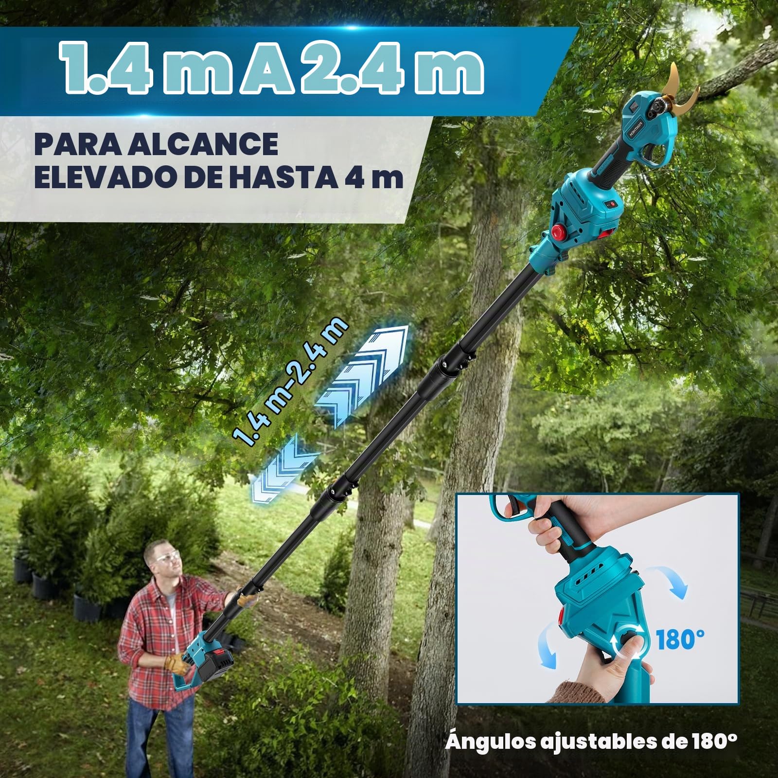 Tijera de Podar Electricas de 45mm con Bateria Telescópica Pértiga | Tijeras de Podar Bateria Profesional con 2 Baterías de 21V 2000 mAh Podadora Eléctrica con pantalla LCD para Jardinería