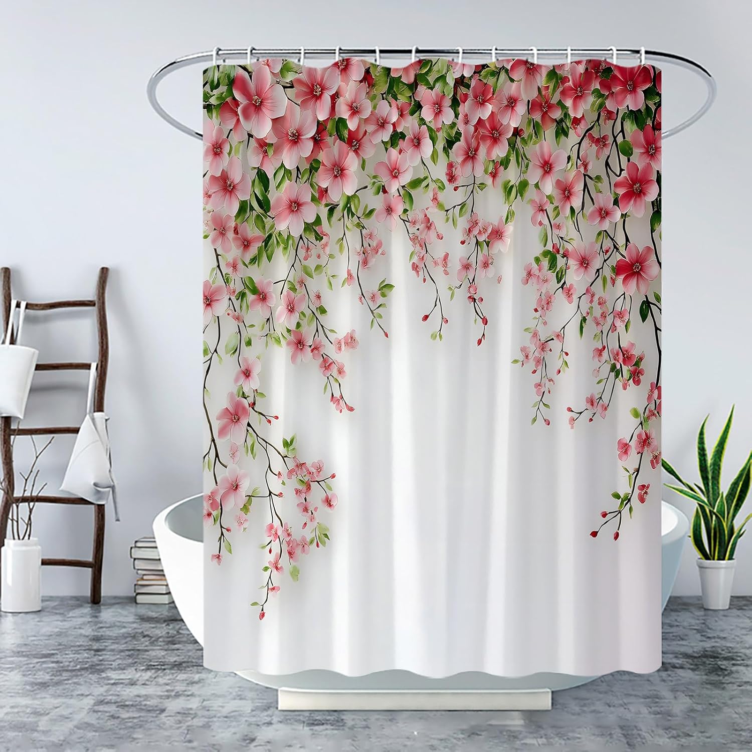 Pink Floral Green Leaves Shower Curtain Rustic Hanging Pink Floral Green Leaf Botanical Spring Country Plant Garden Scenery Farmhouse White Modern Fabric Bathroom Curtain Set with Hook