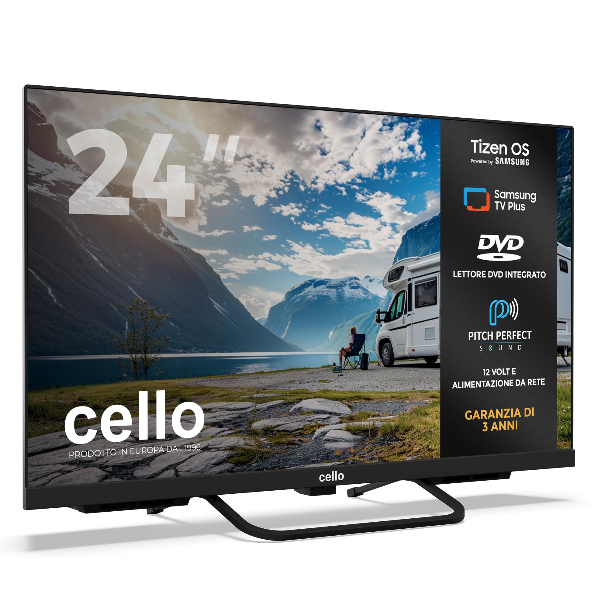 Cello CTRAV-24TZF Smart TV LED 24" 12V con lettore DVD per camper e campeggio, Tizen OS di Samsung, Gaming Hub, altoparlanti Pitch Perfect, Bluetooth, triplo sintonizzatore