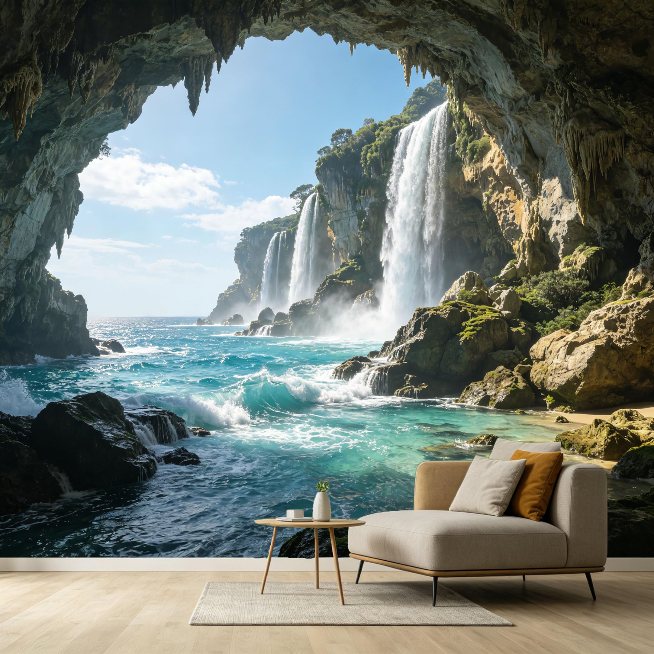 Custom Size Wall Murals Waterfall Ocean Cave Landscape 3D Trompe L'Oeil SelfAdhesive Wall Fabric Removable Large Wallpaper for Photo Living Room