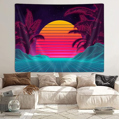 Miniatura 5 de Tapiz retro fresco de neón para el dormitorio de los hombres, Vaporwave Trippy Mountain Sun Art Tapices para colgar en la pared para dormitorio