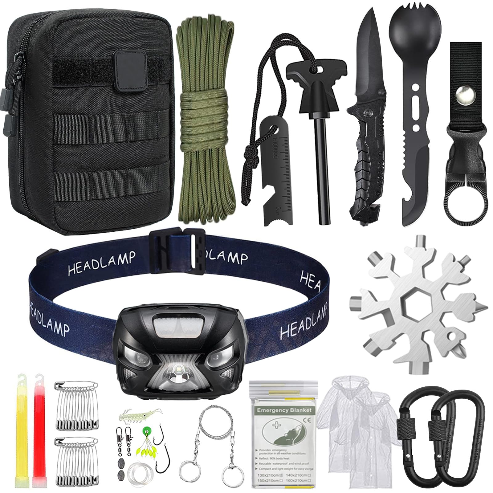 Kit de Supervivencia de Emergencia, Kit Supervivencia con Linterna Frontal LED Recargable, Kit de Primeros Auxilios para Viajar Caminar Acampar al Aire Montaña