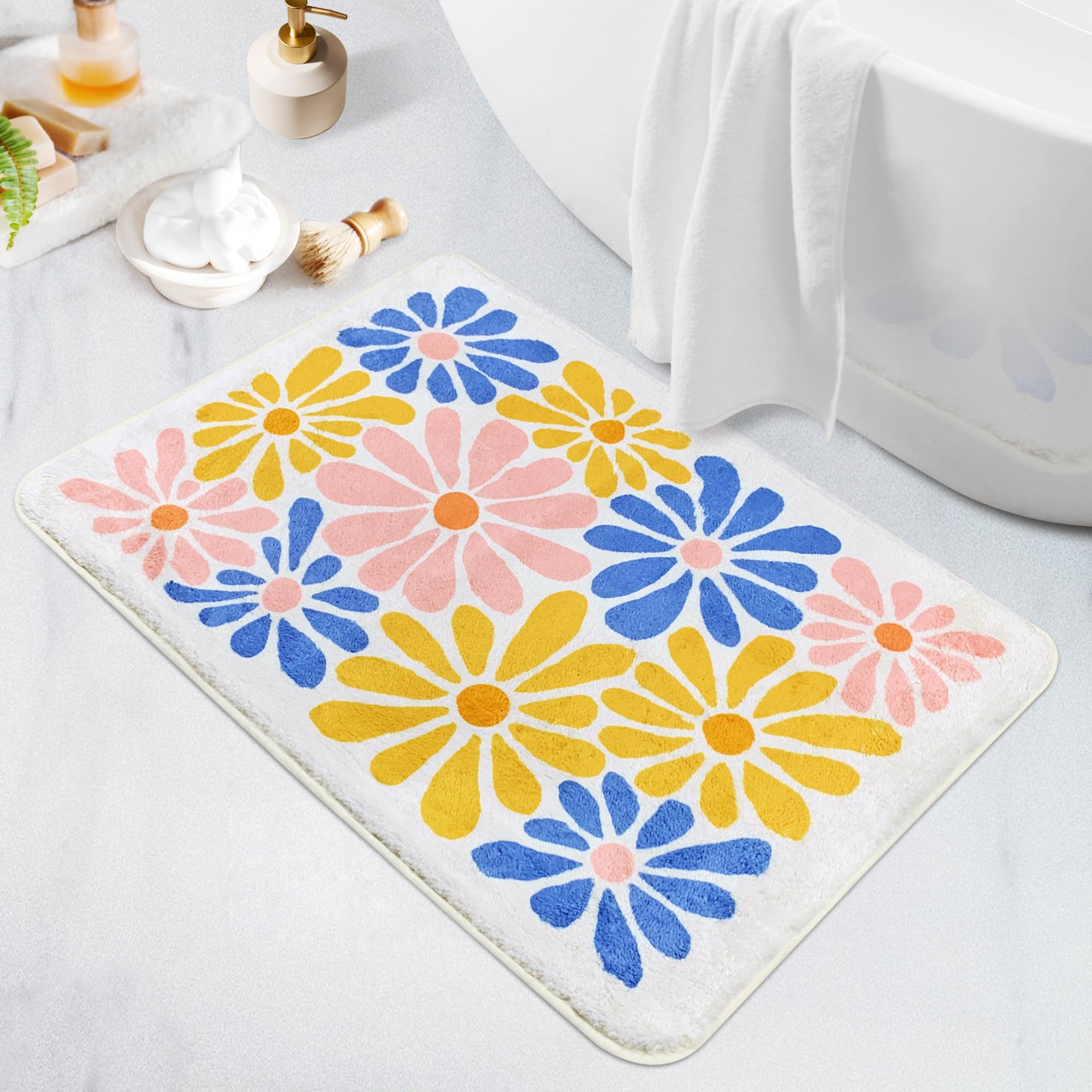SHIYUE Colorful Bathroom Rugs Bath Mat, Microfiber Fluffy Soft Floor Mats for Bathroom, Non-Slip and Waterproof Back Soft Bathmat, for Indoor Shower Bathtub Decoration (18x26in Cute Floral)