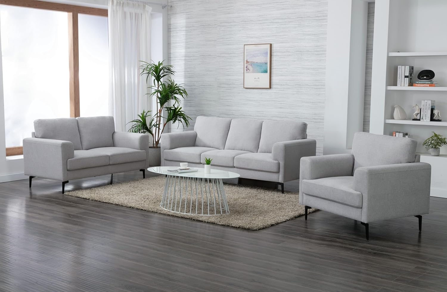84 inch sofa in light gray linen front view