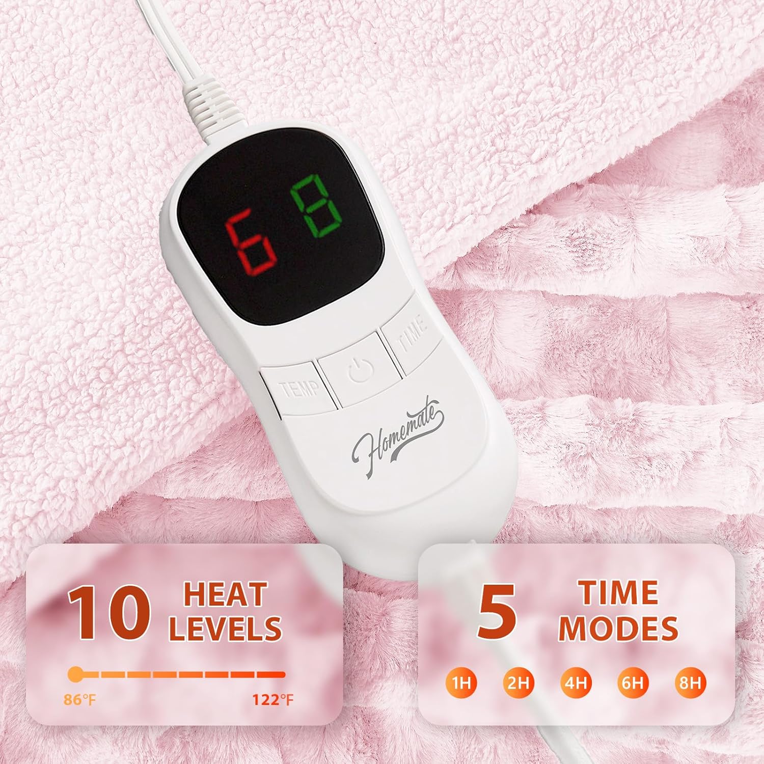 Homemate Heated Blanket Electric Throw - 50"x60" Heating Blanket Throw 1/2/4/6/8 Hours Auto-Off 10 Heat Levels Over-Heat Protection Luxury Faux Fur Sherpa ETL Certification - Image 3