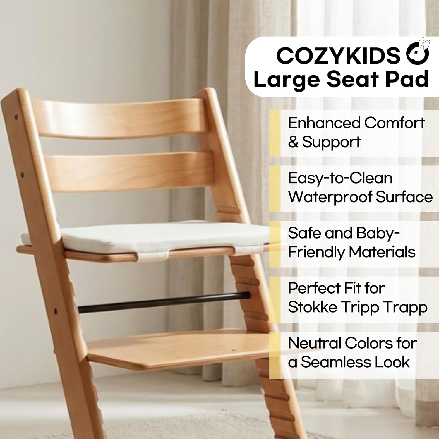 COZYKIDS Large Seat Pad Compatible with Tripp Trapp® High Chair, Waterproof PU Cushion, Thick & Supportive Padding, Easy to Clean, Made in Korea (Cream Gray)