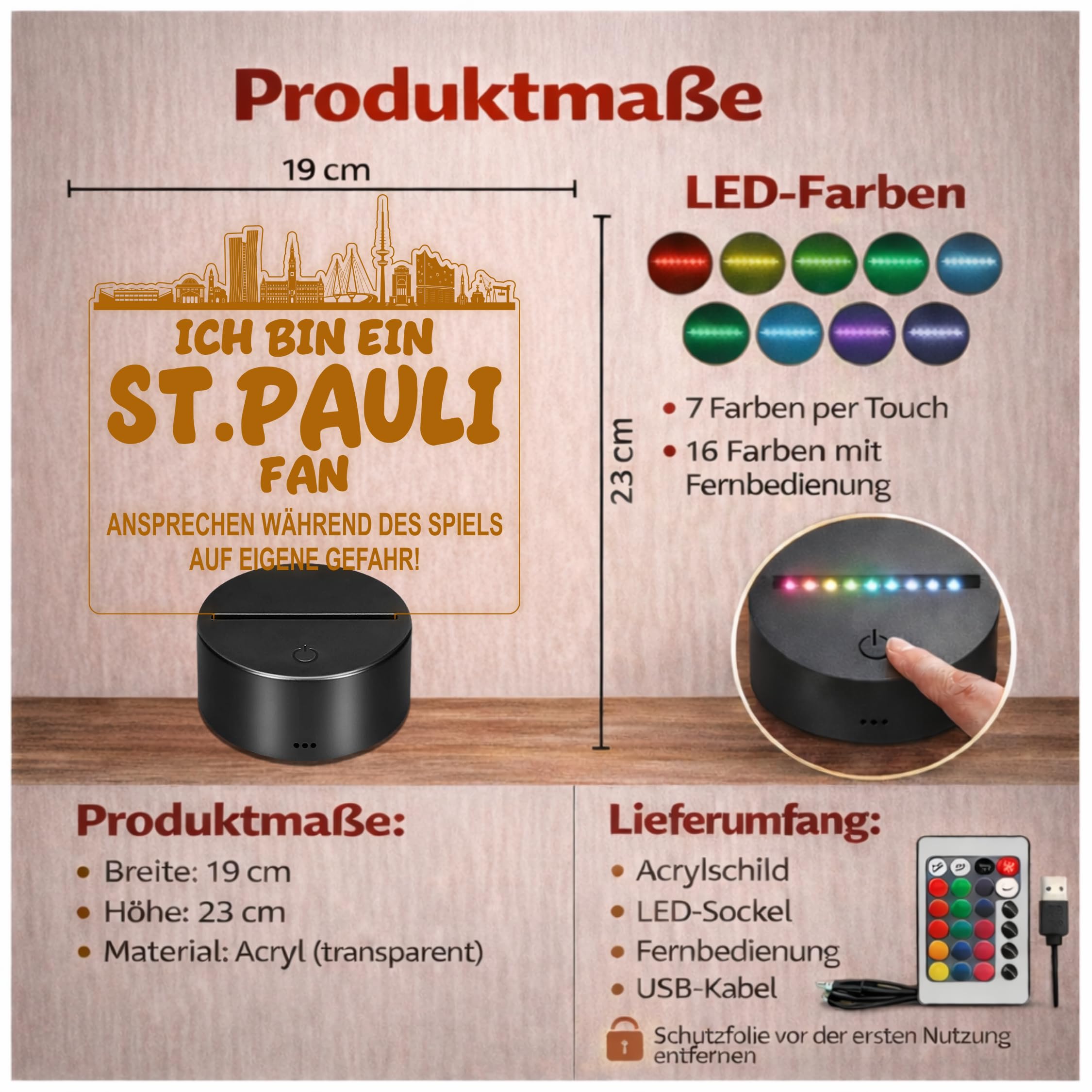 Lieblingsmensch St. Pauli Fan Fußball LED Nachtlicht – 3D Skyline Design „Ansprechen auf eigene Gefahr“ – RGB Farbwechsel mit Fernbedienung & Touch – Stimmungslicht für die Man Cave – 19x23cm