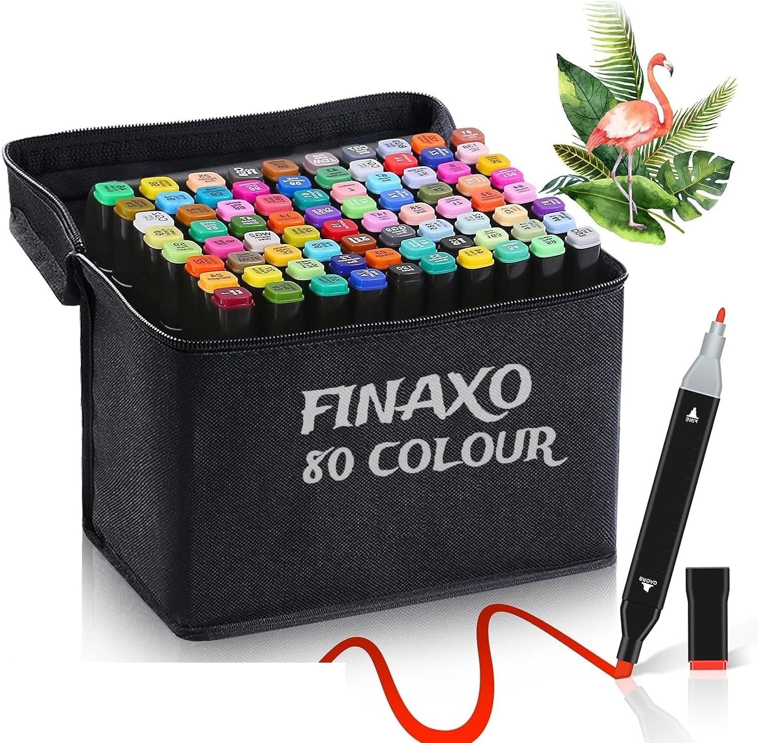 Finaxo Dual Tip Art Multicolor Markers Set of 80 with Carry Case for Artists & Students | Vibrant Permanent Sketch Pens for Coloring, Drawing, Sketching & Painting | Twin Head Markers (80)