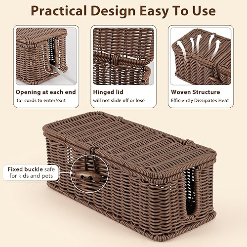 Miniatura 5 de Caja de organización de cables, caja organizadora de cables de ratán sintético tejida a mano con tapa, 2 ranuras abiertas, caja organizadora de