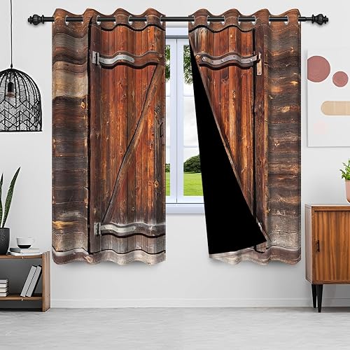 Laeacco Wooden Barn Door Blackout Curtains Rustic Brown Wood Door Print Curtain 