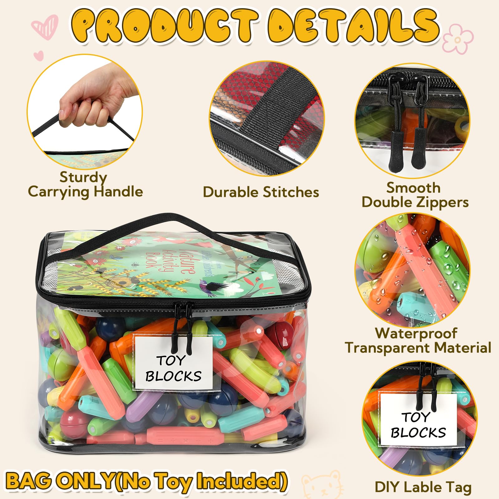 Paquete de 8 bolsas de almacenamiento de juguetes transparentes extragrandes con etiqueta de nombre y bolsillo manual, bolsas organizadoras de juguetes de PVC transparente impermeables con cremalleras