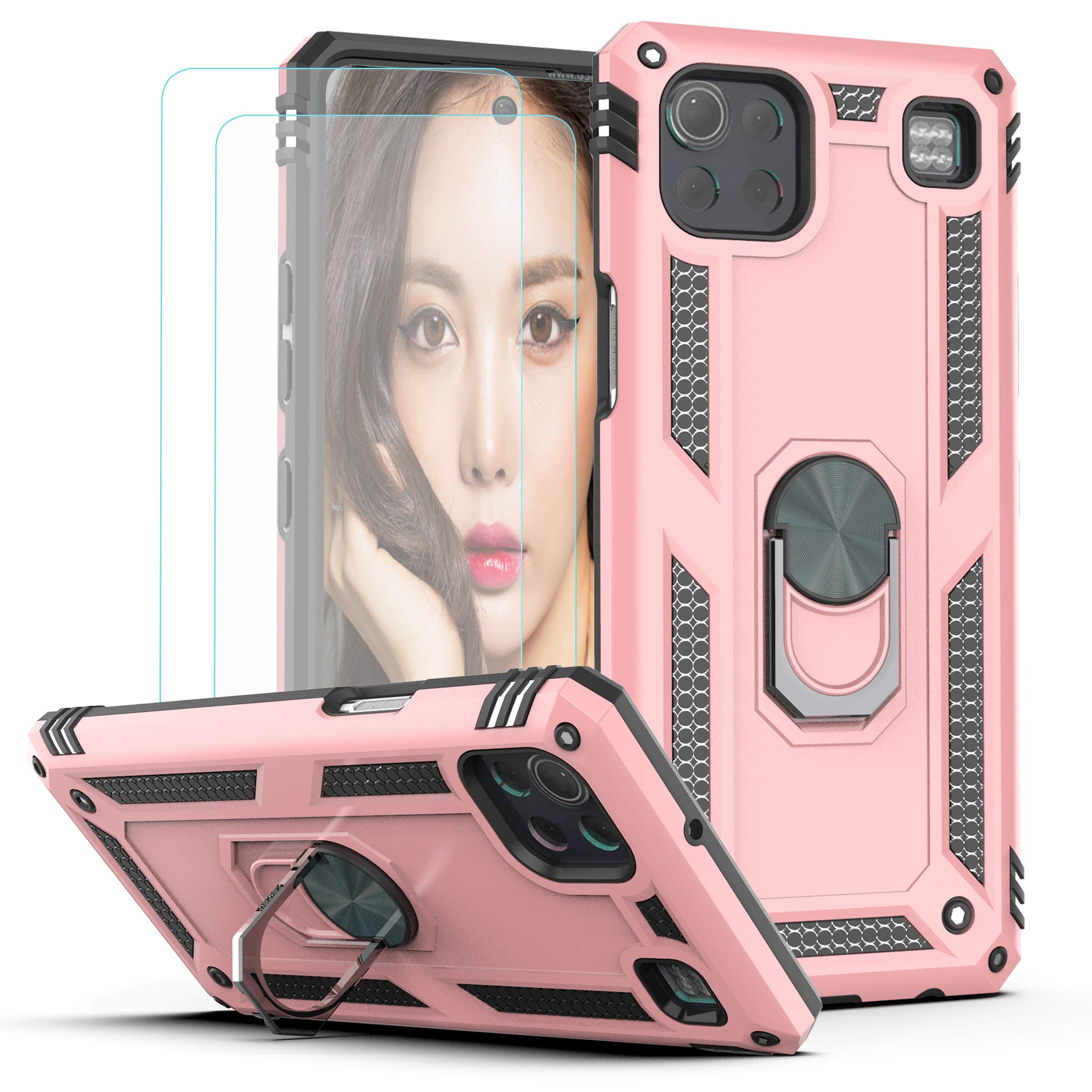 KaiMai Compatible for LG K92 5G Case LG K92 Case with HD Screen Protector (2Pack) 360 Degree Rotating Ring & Bracket Dual Layers of Shockproof TPU and Solid PC Phone Case for LG K92 5G-Rose Gold