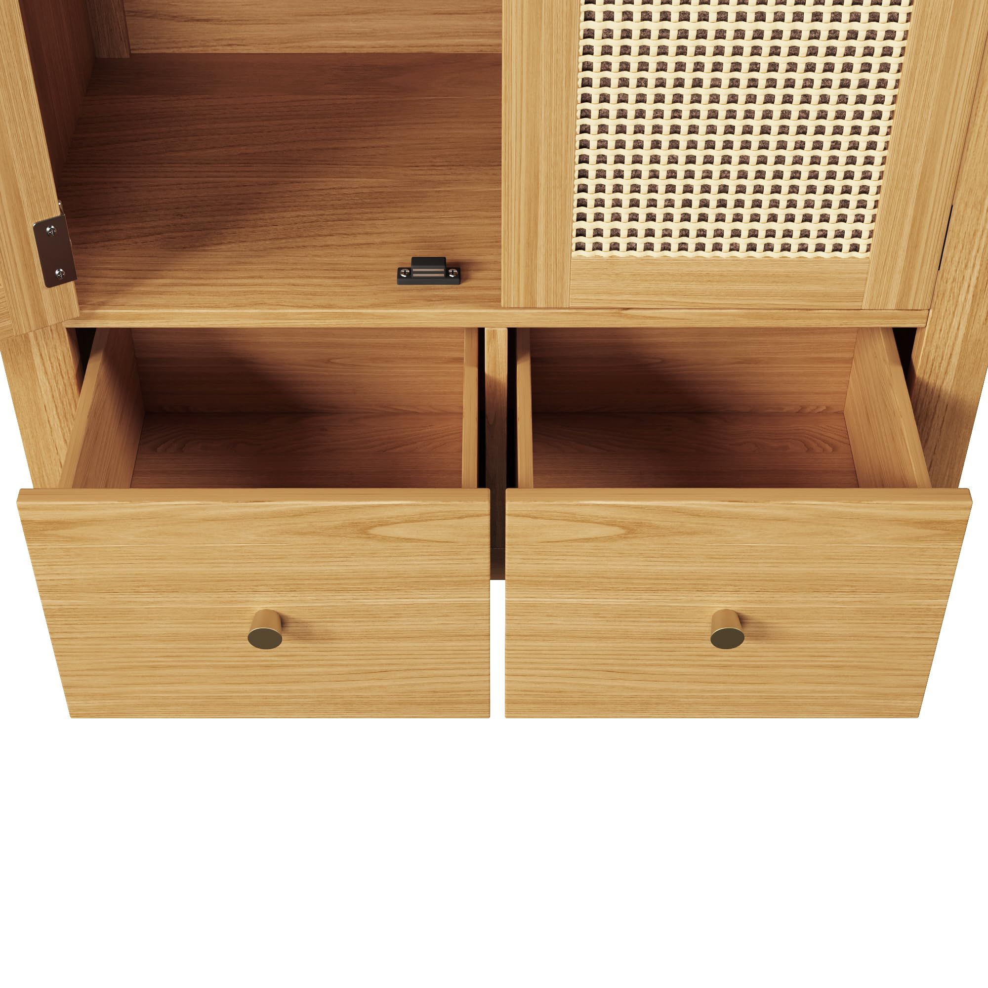 Moimhear Armario 181 x 78 x 45 cm con trenzado de ratán, estante semicircular abierto, 2 puertas con cierre magnético, 2 cajones (roble)