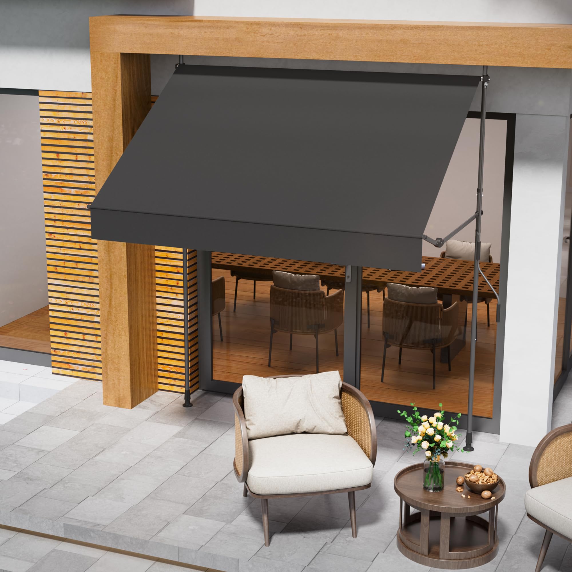BelleMax Klemmmarkise ohne Bohren mit Handkurbel, 2026 Upgrade 2-in-1-Balkonmarkise mit Faltbarem Seitenarm, UV-Schutz & Sonnenschutz, Wasserdicht Höhenverstellbar Anthrazit 250 cm x (125 + 25 cm)