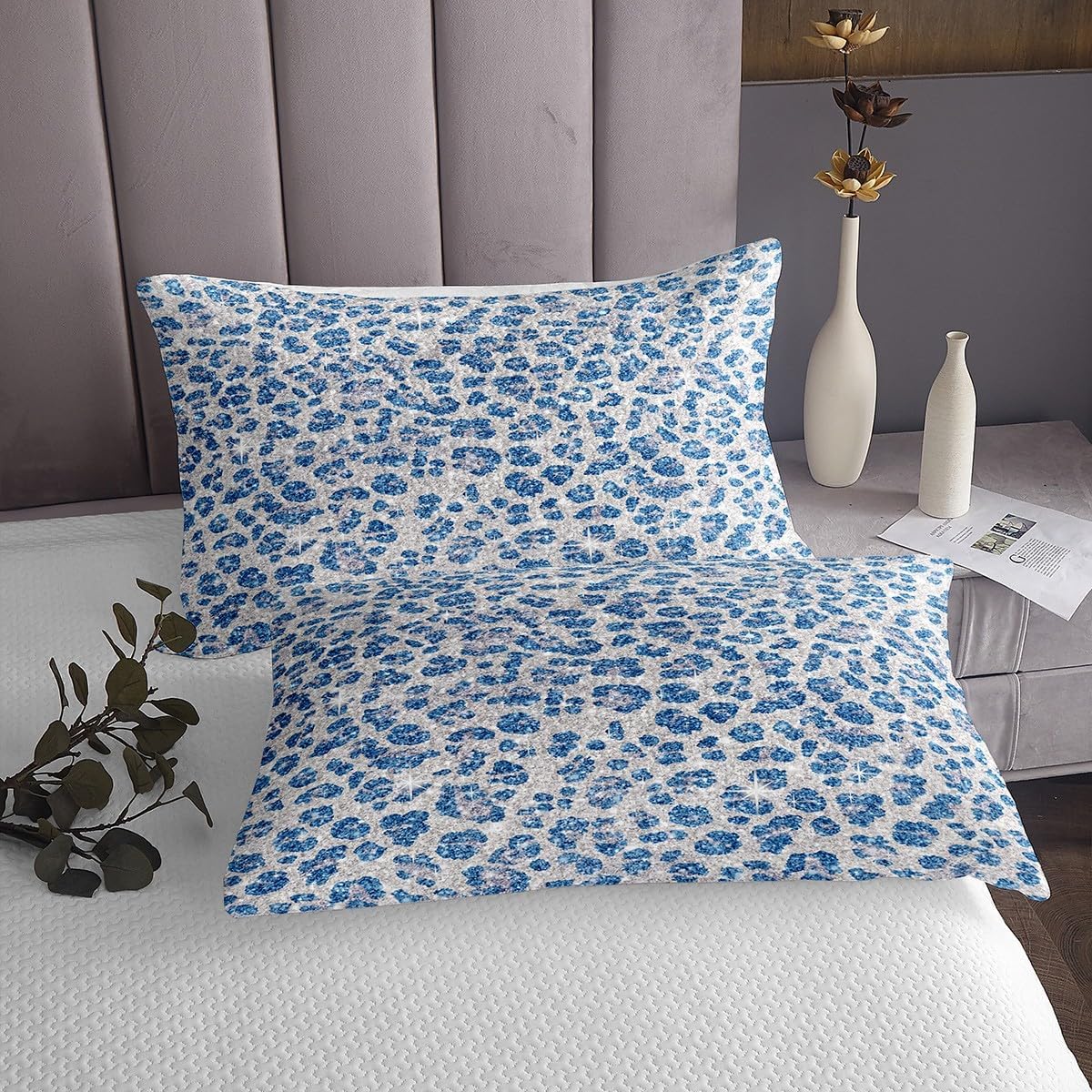 jejeloiu Blue Leopard Bedspread Queen Size Cheetah Coverlet Set Animal Print Quilted Coverlet for All Season with 2 Pillowcases Leopard Fur Print Microfiber Lightweight Safari